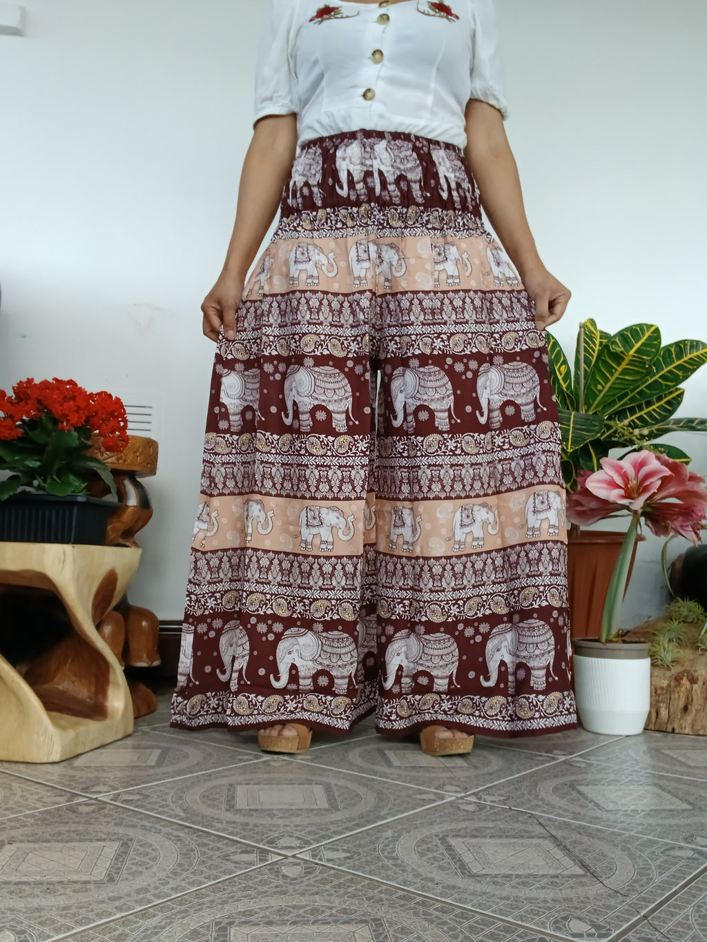 Brown elephant print wide leg elegant flowy high-waisted boho trousers Palazzo Harem Pants