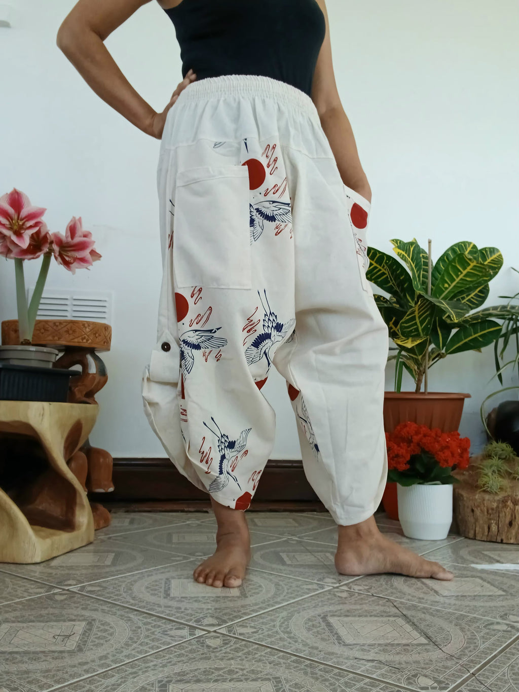 Cotton white Crane Japanese style boho harem pants wide leg hippie trousers one size fit 6-8-10