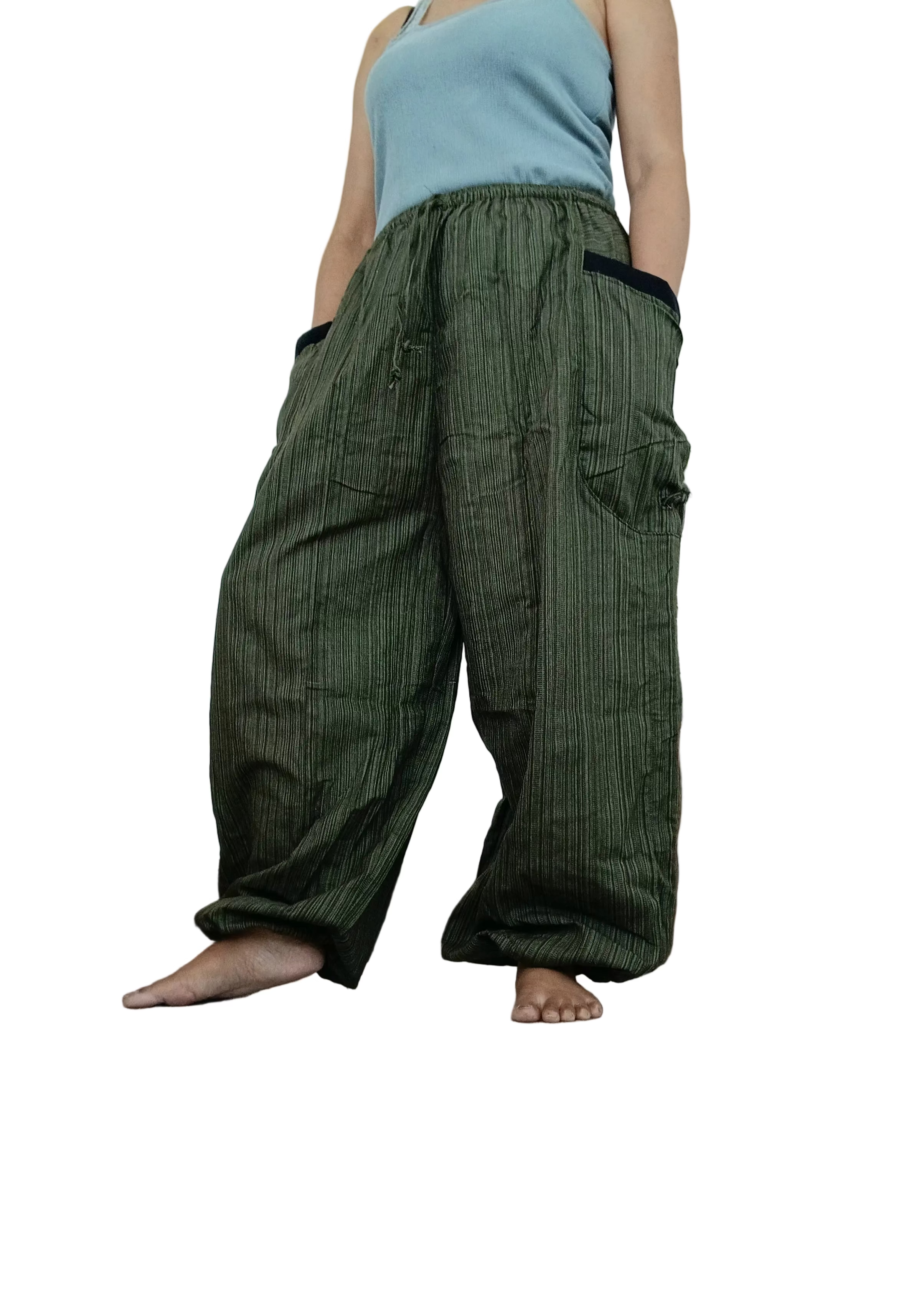 Cotton olive green baggy hippie loose-fit trousers Boho harem pants One size fit 8-10-12