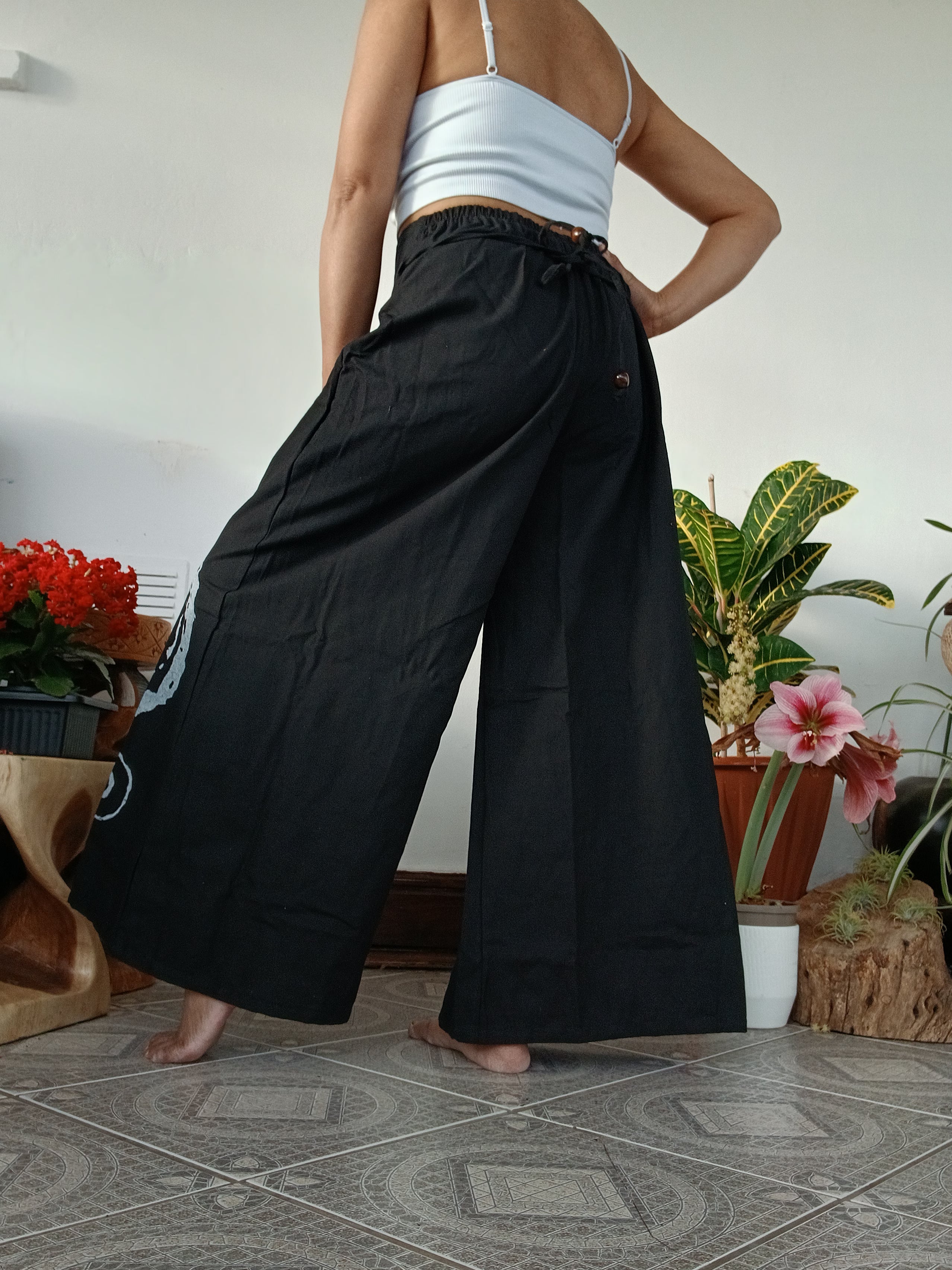Black cotton baggy boho high-waisted trousers wide leg palazzo flowy harem pants One size fit 8-10-12