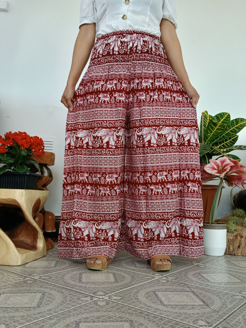 Burgundy boho elephant print wide leg elegant flowy trousers baggy relaxed fit palazzo pants