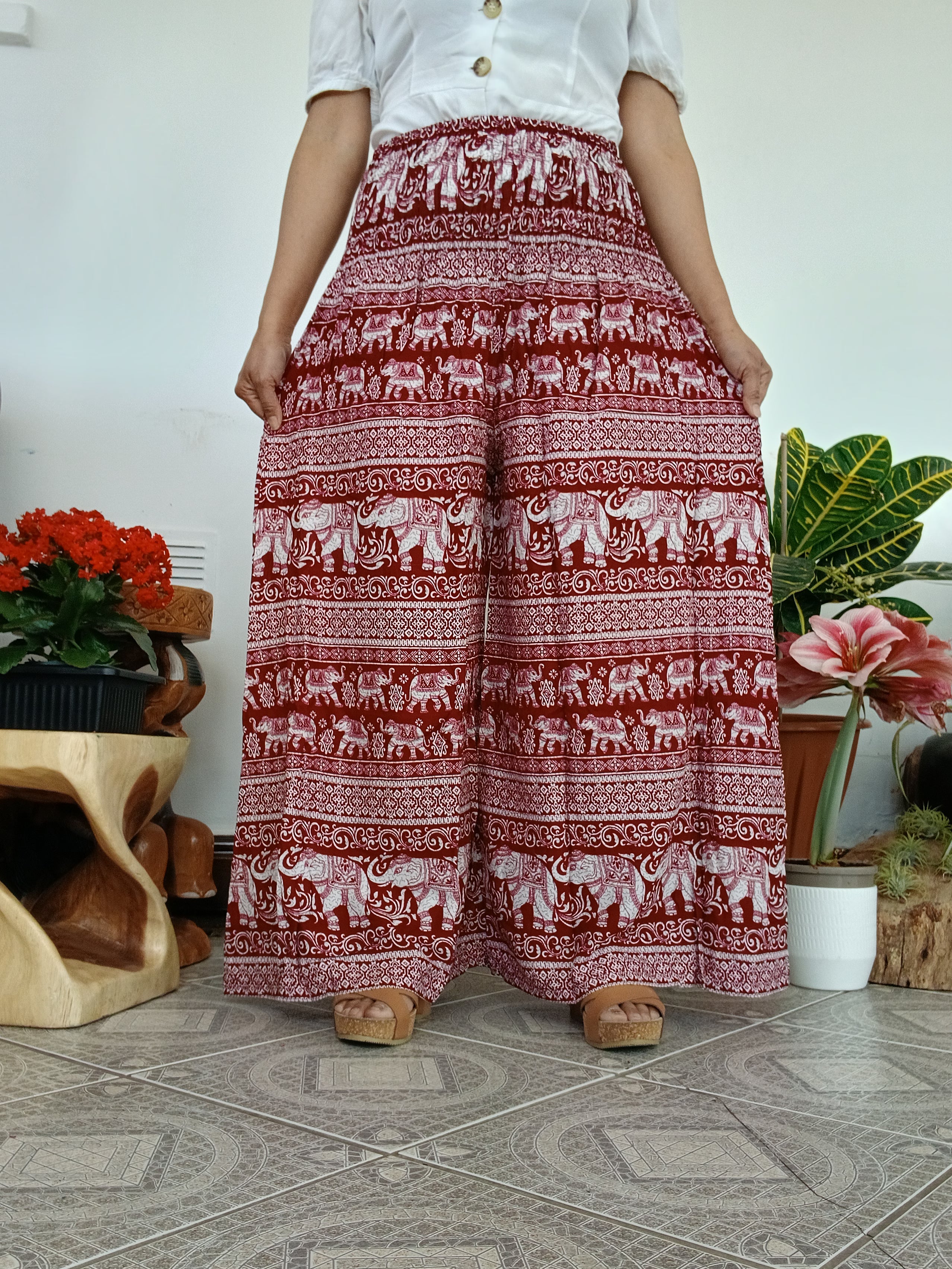 Burgundy boho elephant print wide leg elegant flowy trousers baggy relaxed fit palazzo pants