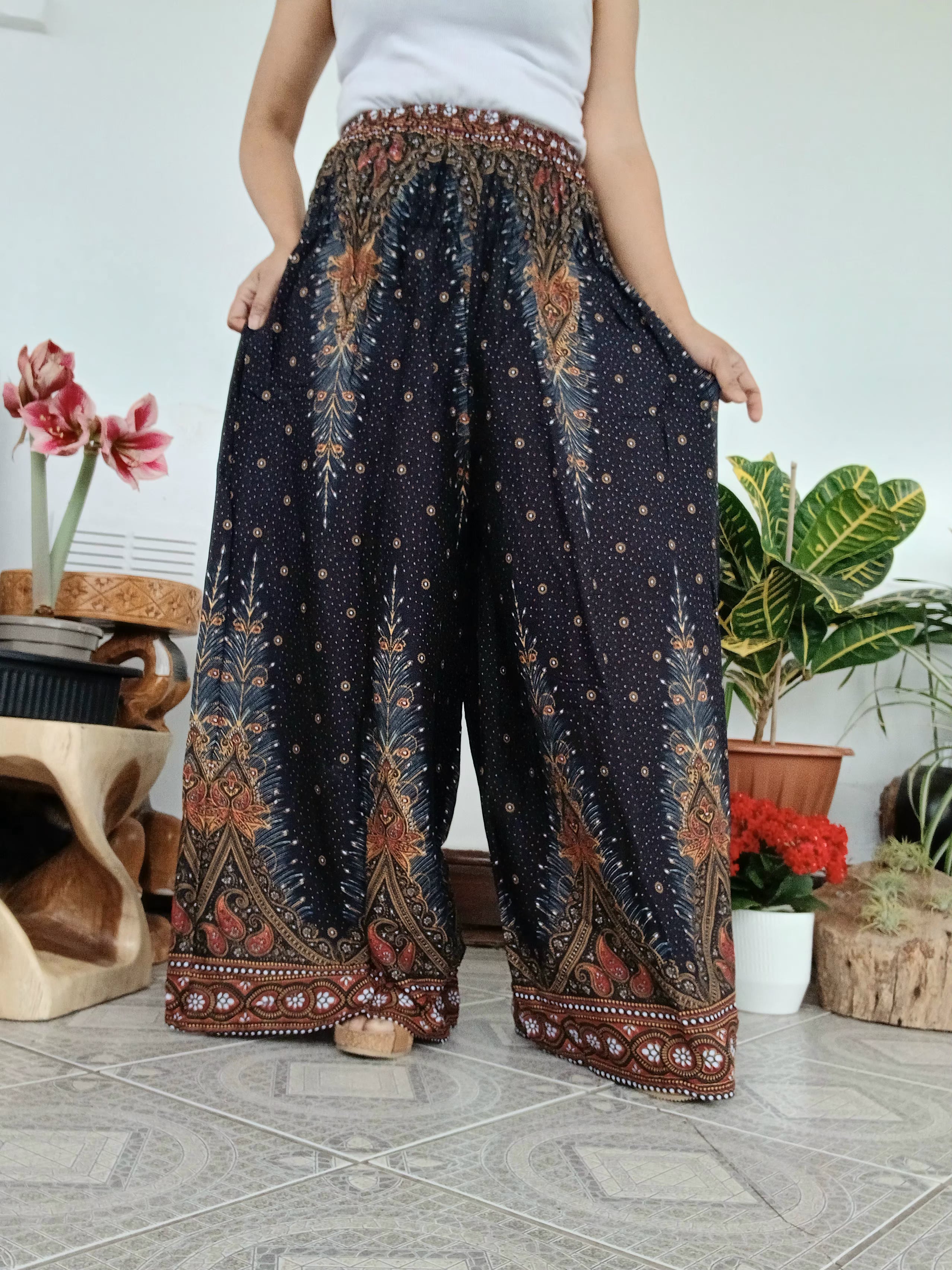 Black peacock feathers printed Baggy wide leg flowy trousers Boho High-Waisted Mandala Pants one-size fit 8-14