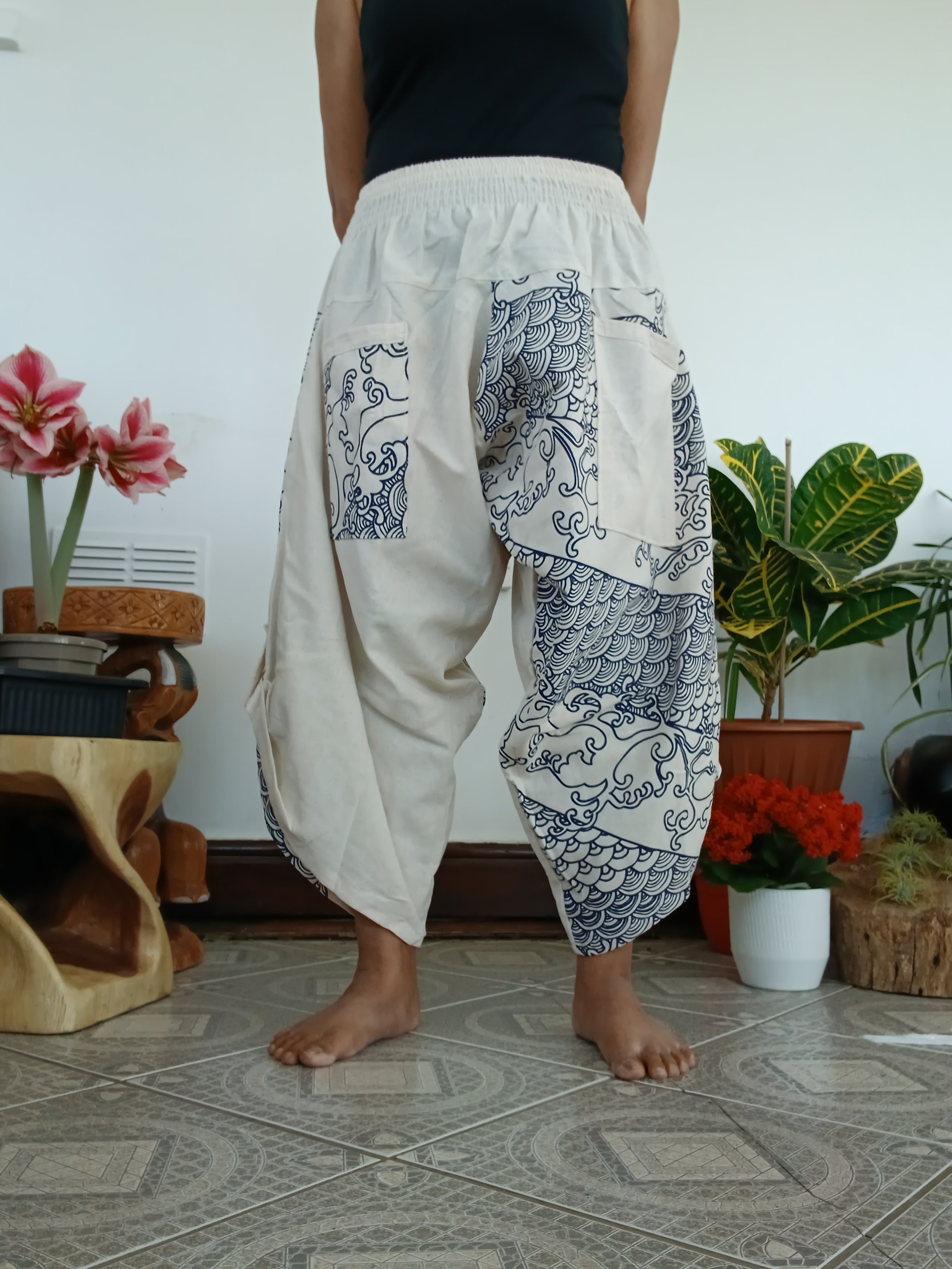 Cotton white cream harem boho pants Ninja Samurai Style trousers one size