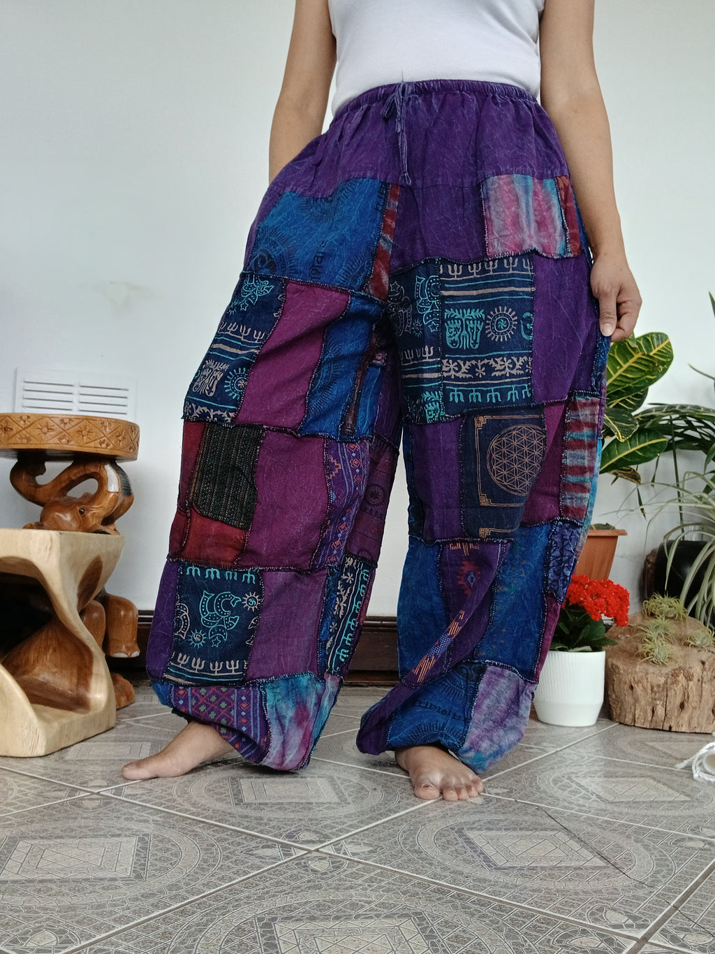 Stonewash patchwork purple tones Boho baggy loose-fit trousers joggers hippie Harem Pants unique one size