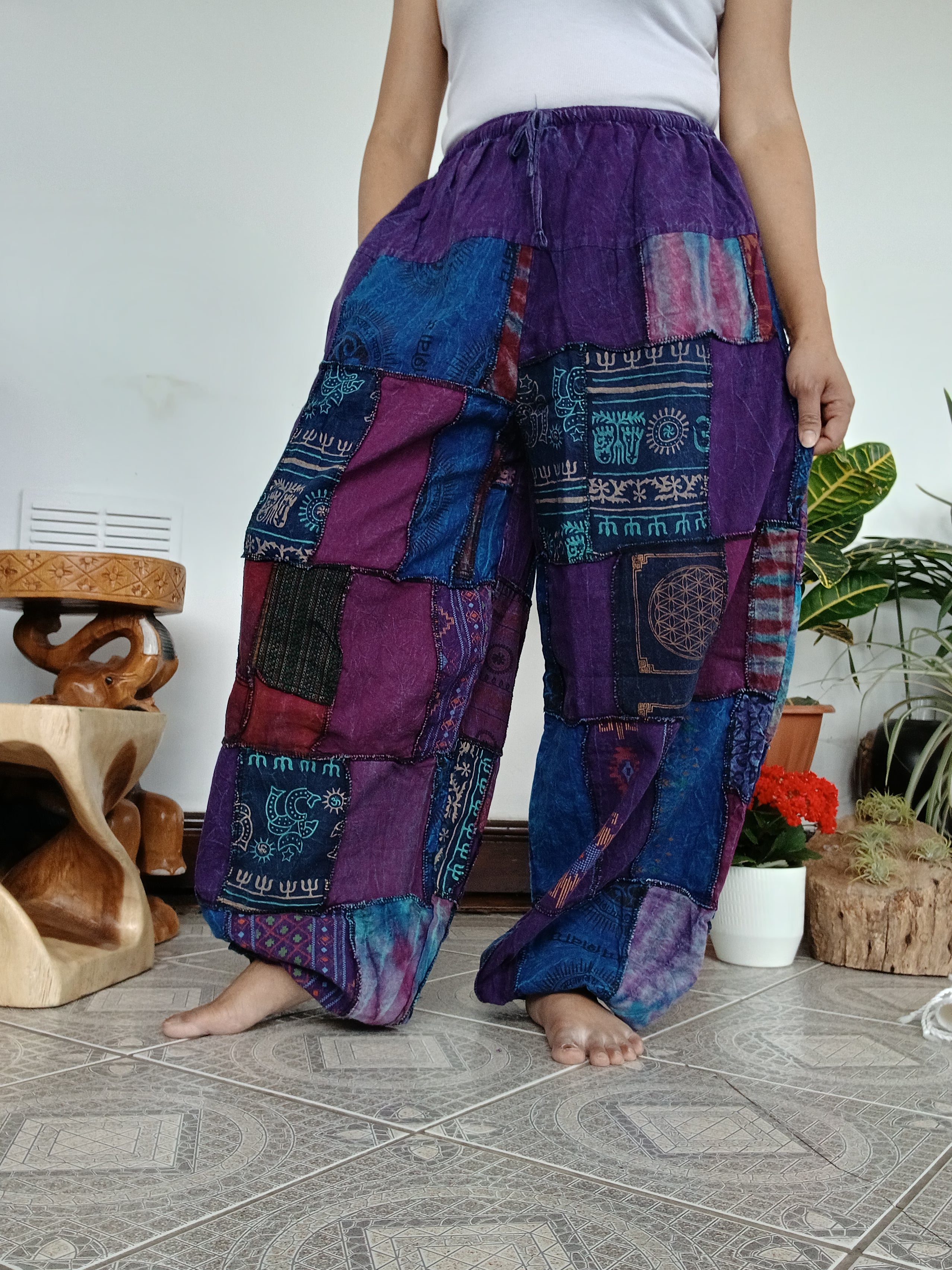 Stonewash patchwork purple tones Boho baggy loose-fit trousers joggers hippie Harem Pants unique one size