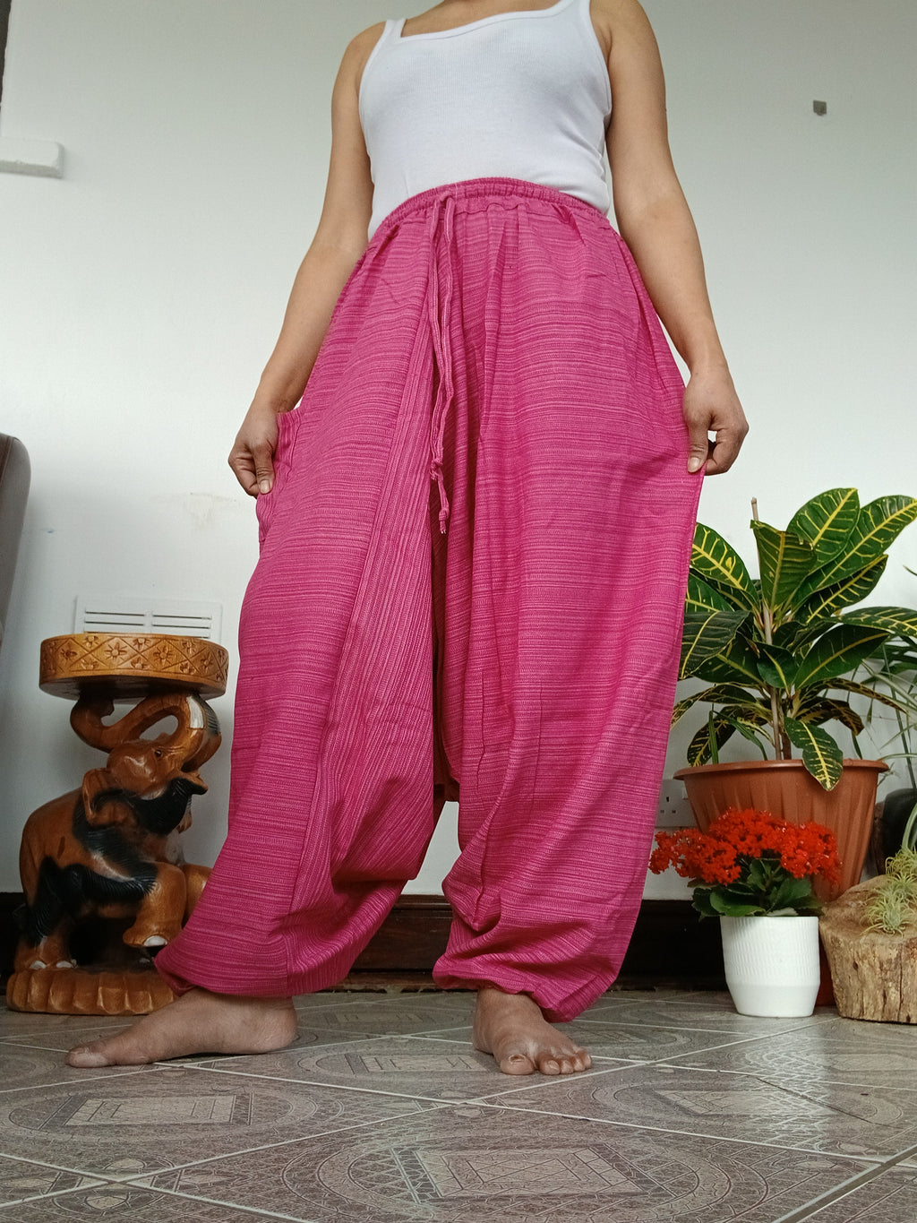 Cotton pink wide leg harem pants baggy hippie Boho relaxed fit yoga meditation Aladdin trousers