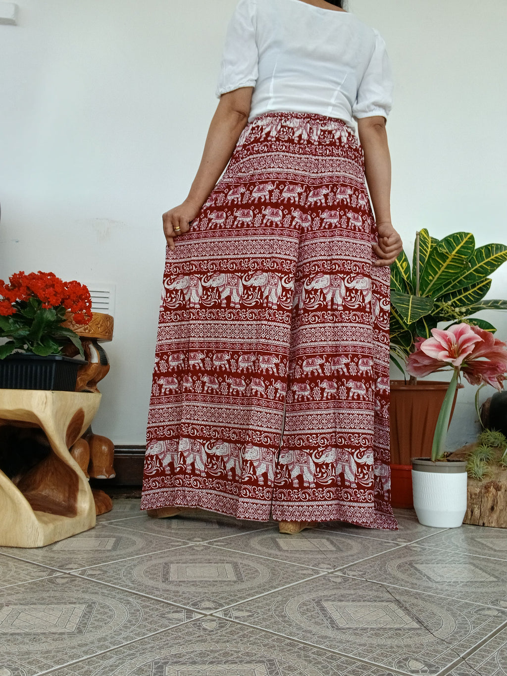 Burgundy boho elephant print wide leg elegant flowy trousers baggy relaxed fit palazzo pants