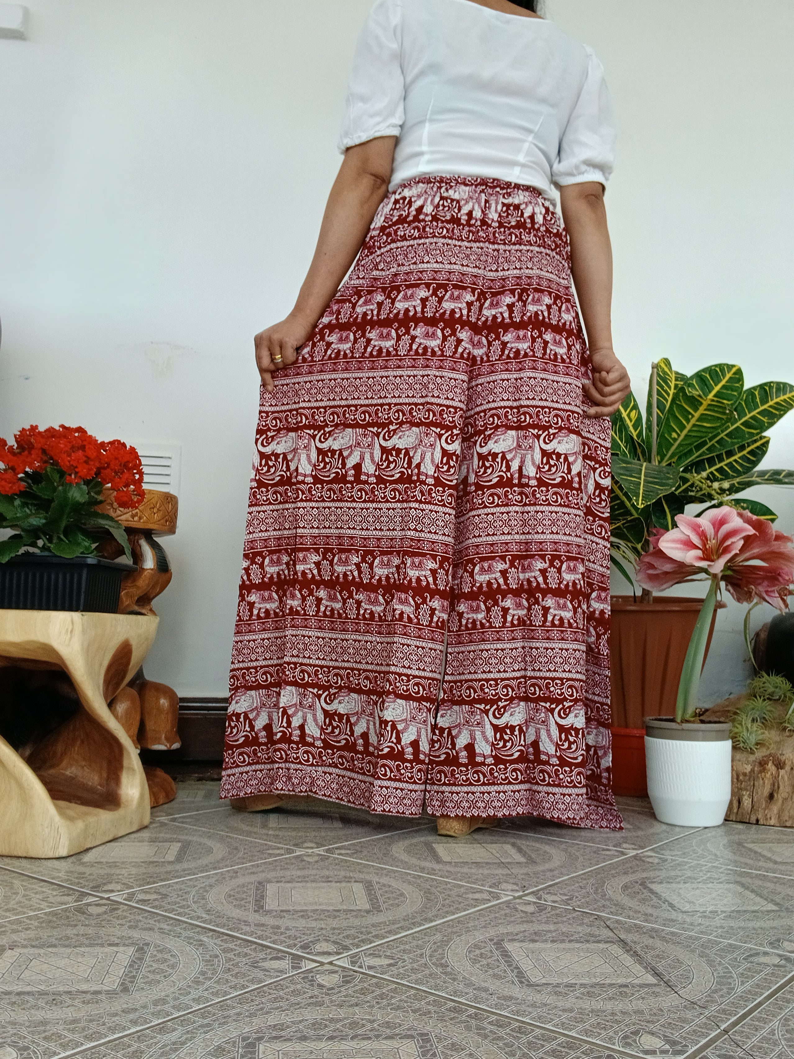 Burgundy boho elephant print wide leg elegant flowy trousers baggy relaxed fit palazzo pants
