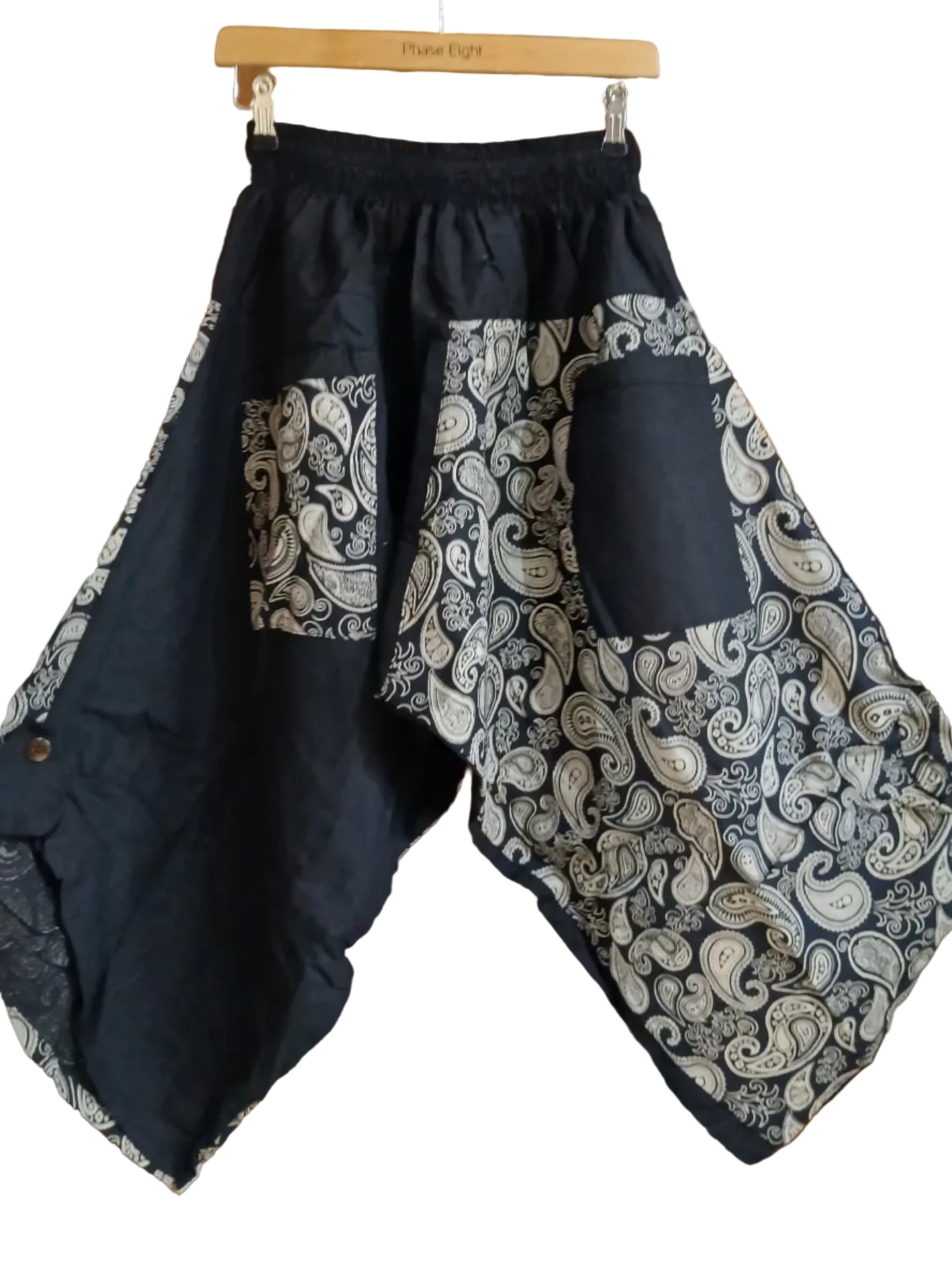 Black cotton paisley-print Ninja Samurai Style harem Pants hippie Boho loose-fit trousers
