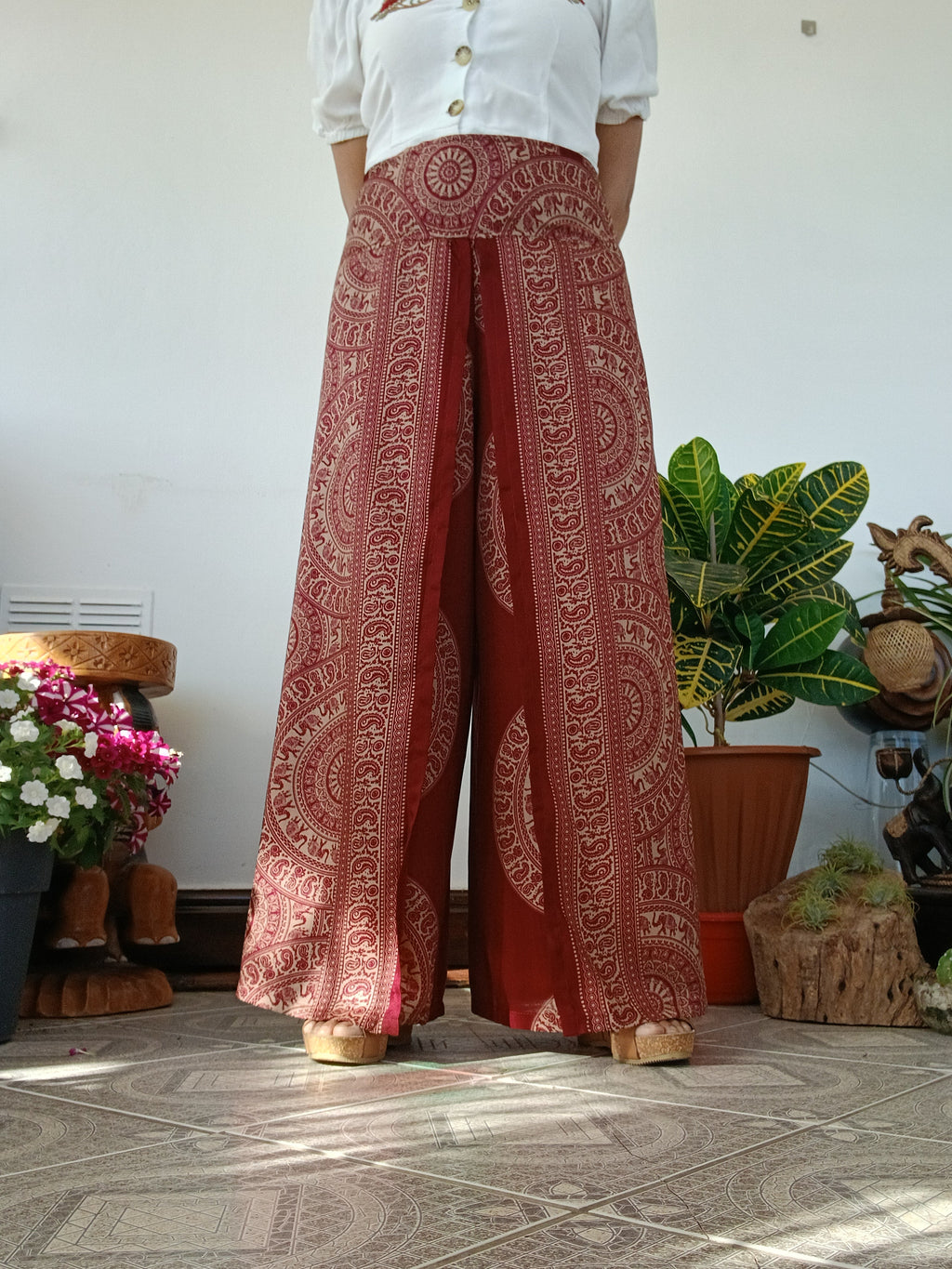 Red burgundy bohemian elegant flowy harem pants beautiful festival holiday trousers one size fit 8-10-12