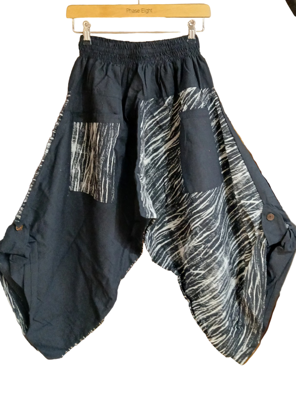 Black abstract print Ninja Samurai Style harem pants hippie Boho trousers one size fit 6-8-10