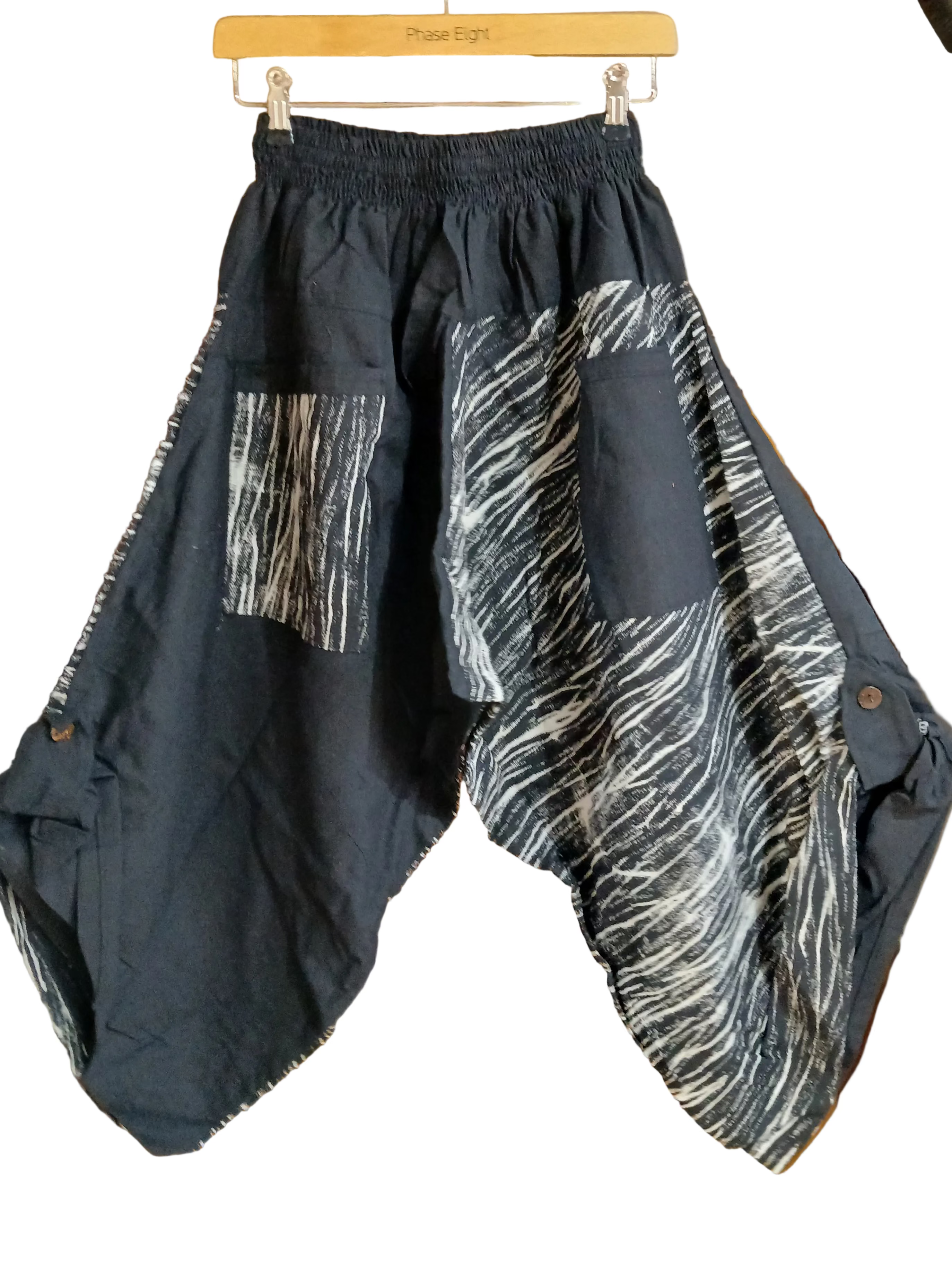 Black abstract print Ninja Samurai Style harem pants hippie Boho trousers one size fit 6-8-10