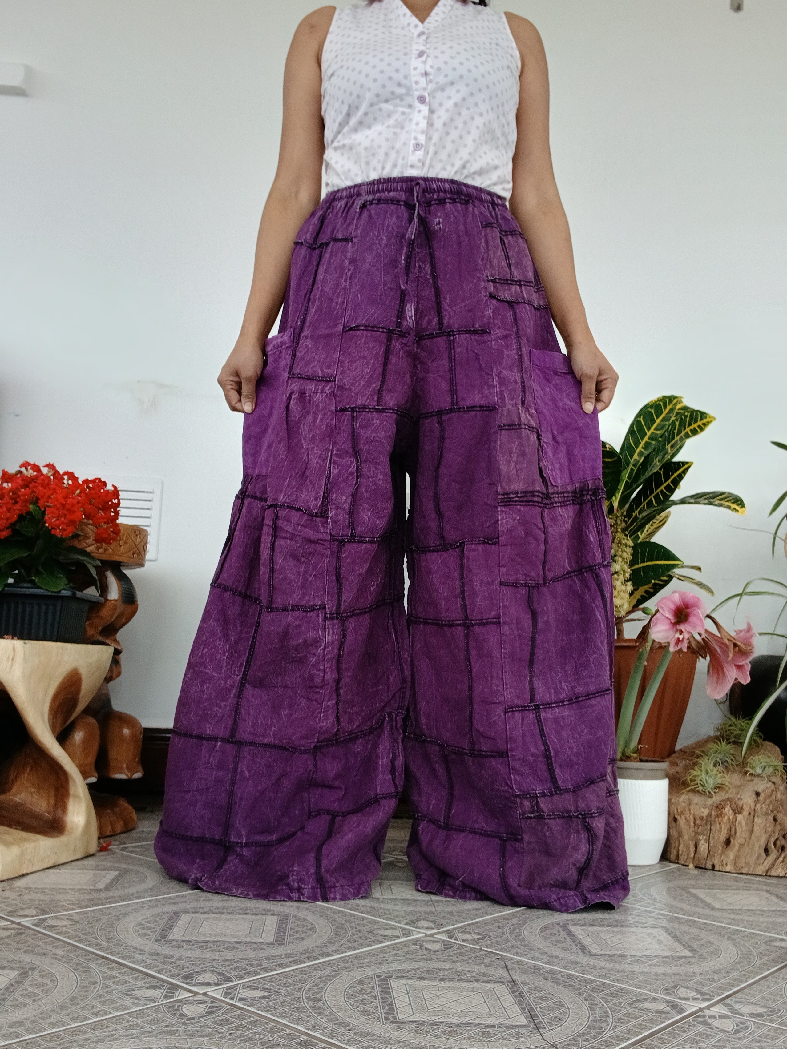 Cotton purple patchwork wide leg palazzo flowy trousers baggy hippie Boho pants One size fits 8-10-12