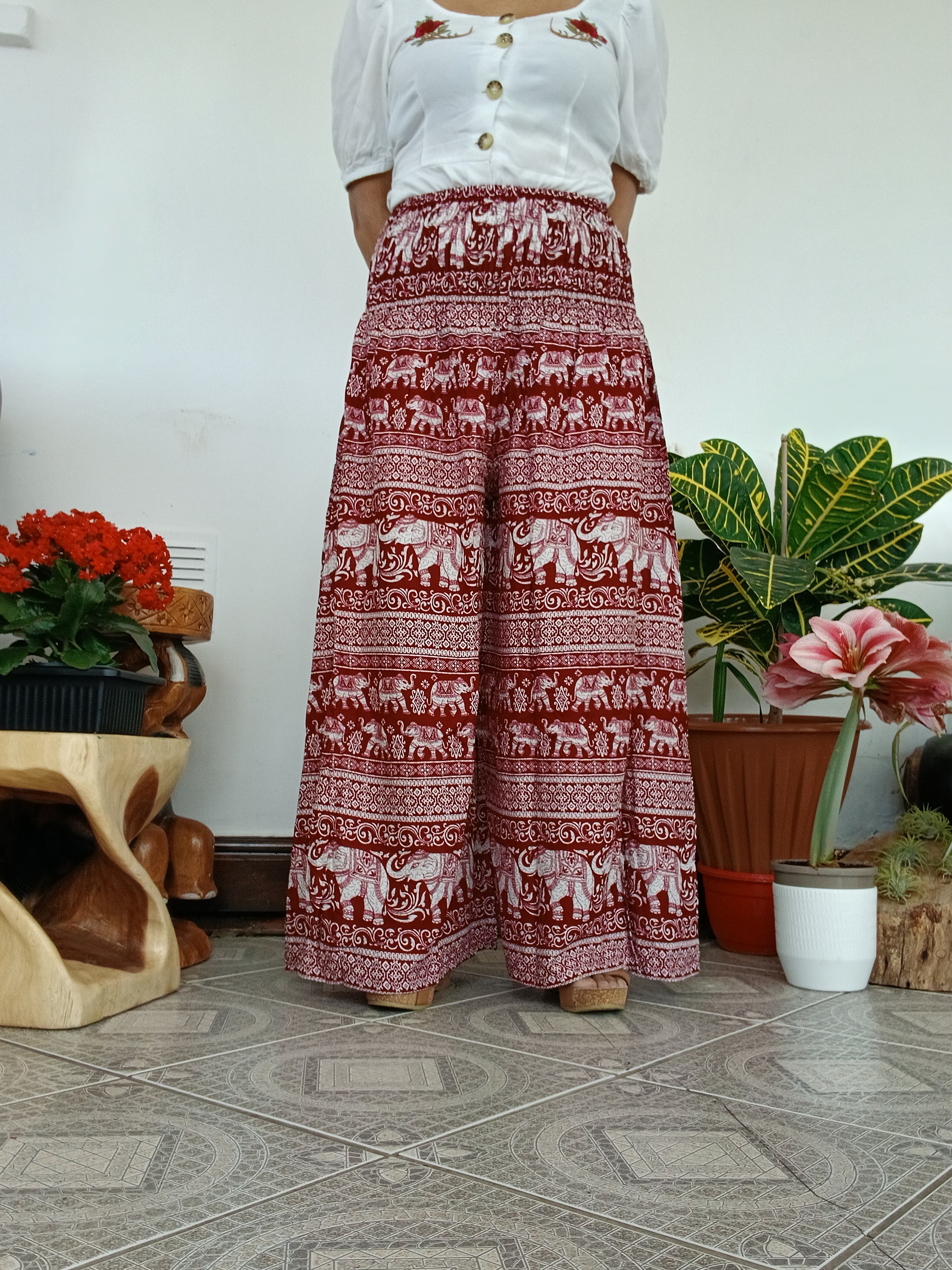 Burgundy boho elephant print wide leg elegant flowy trousers baggy relaxed fit palazzo pants