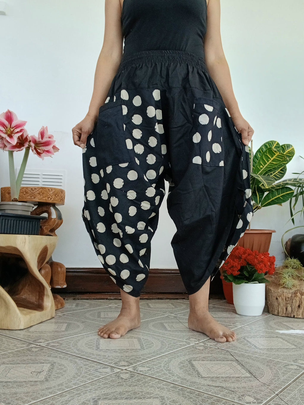 Cotton black with polka dot Ninja Samurai Style harem pants relaxed fit casual trousers one size fit 6-8-10