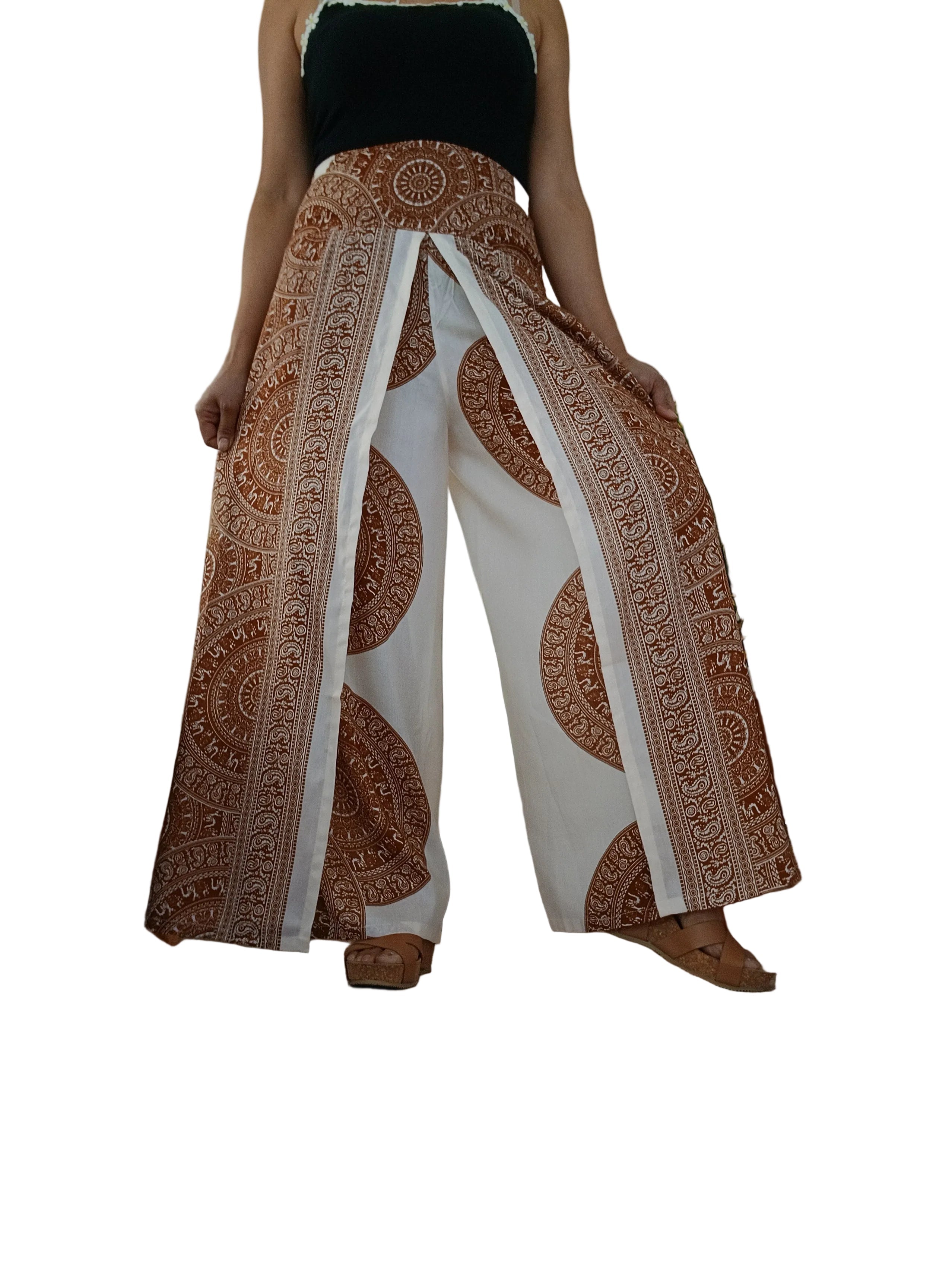 Cream brown bohemian wrap-around style summer festival trousers elegant flowy harem pants One size fits 8-10-12