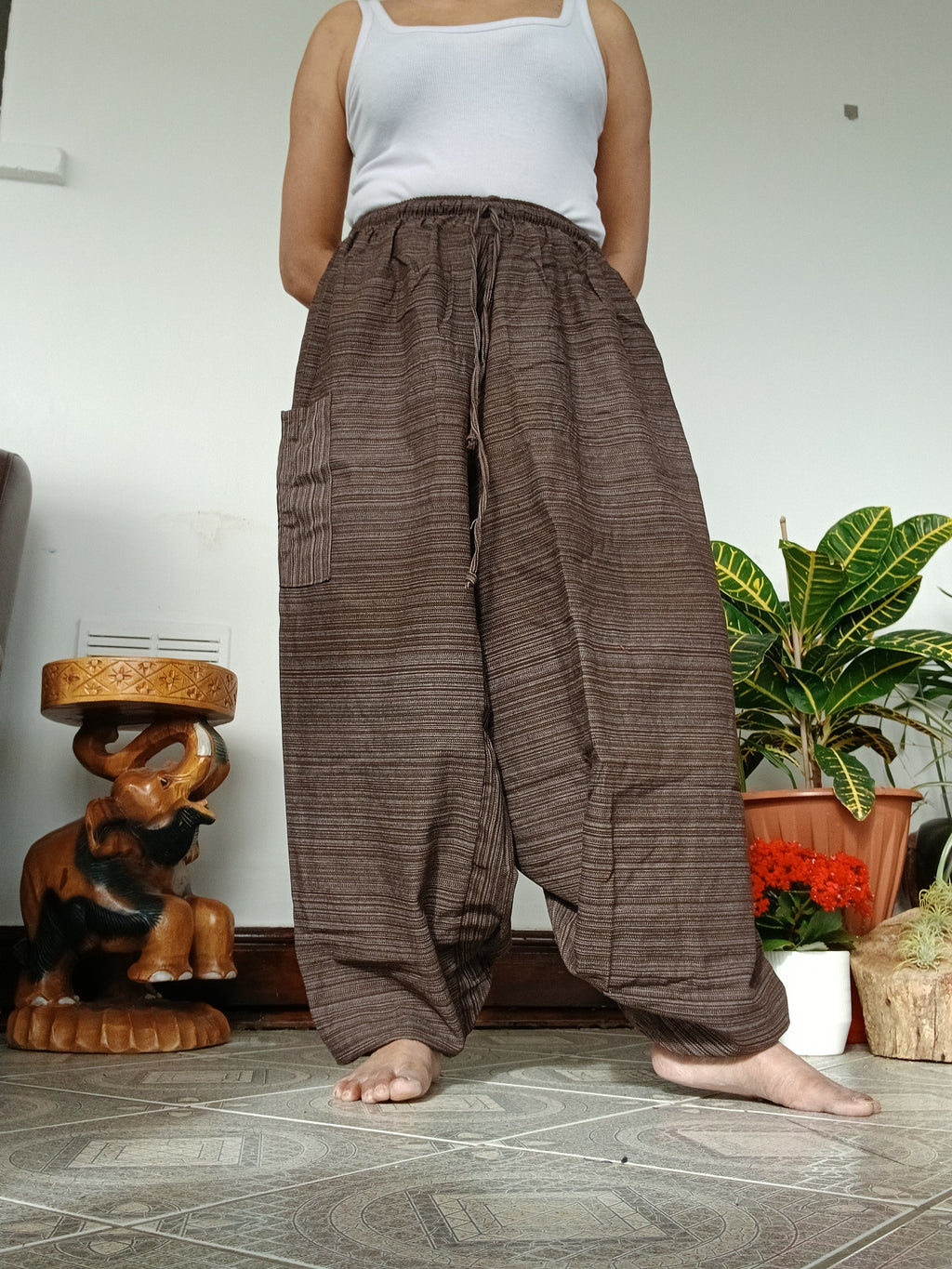 Unisex Brown cotton baggy wide leg harem pants hippie Boho meditation yoga relaxed fit trousers
