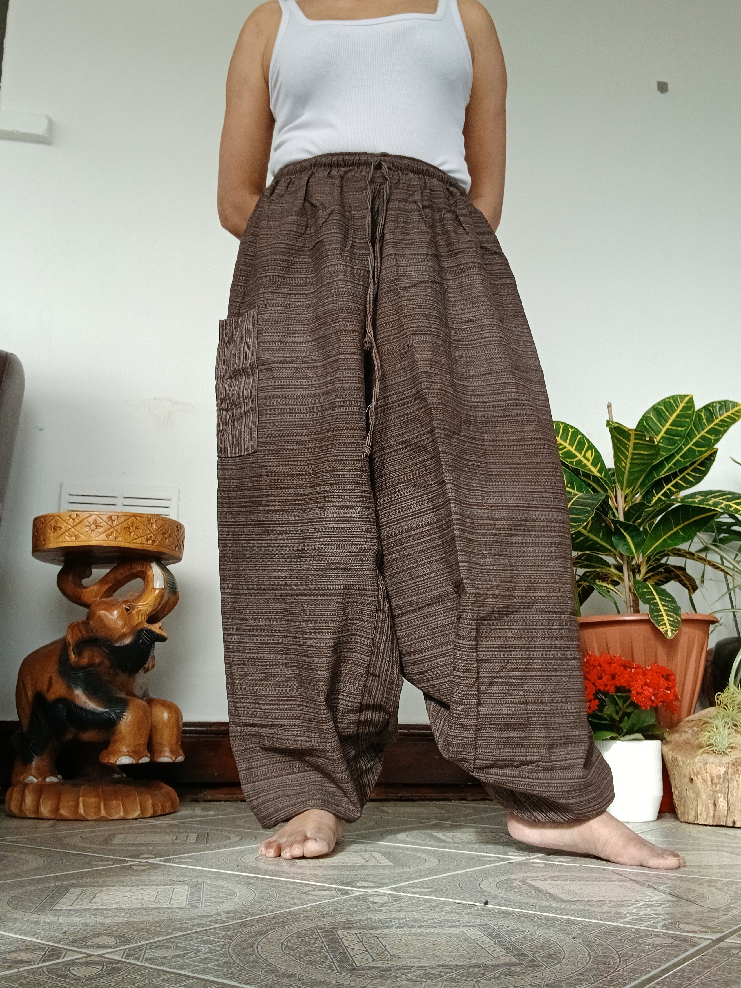 Unisex Brown cotton baggy wide leg harem pants hippie Boho meditation yoga relaxed fit trousers