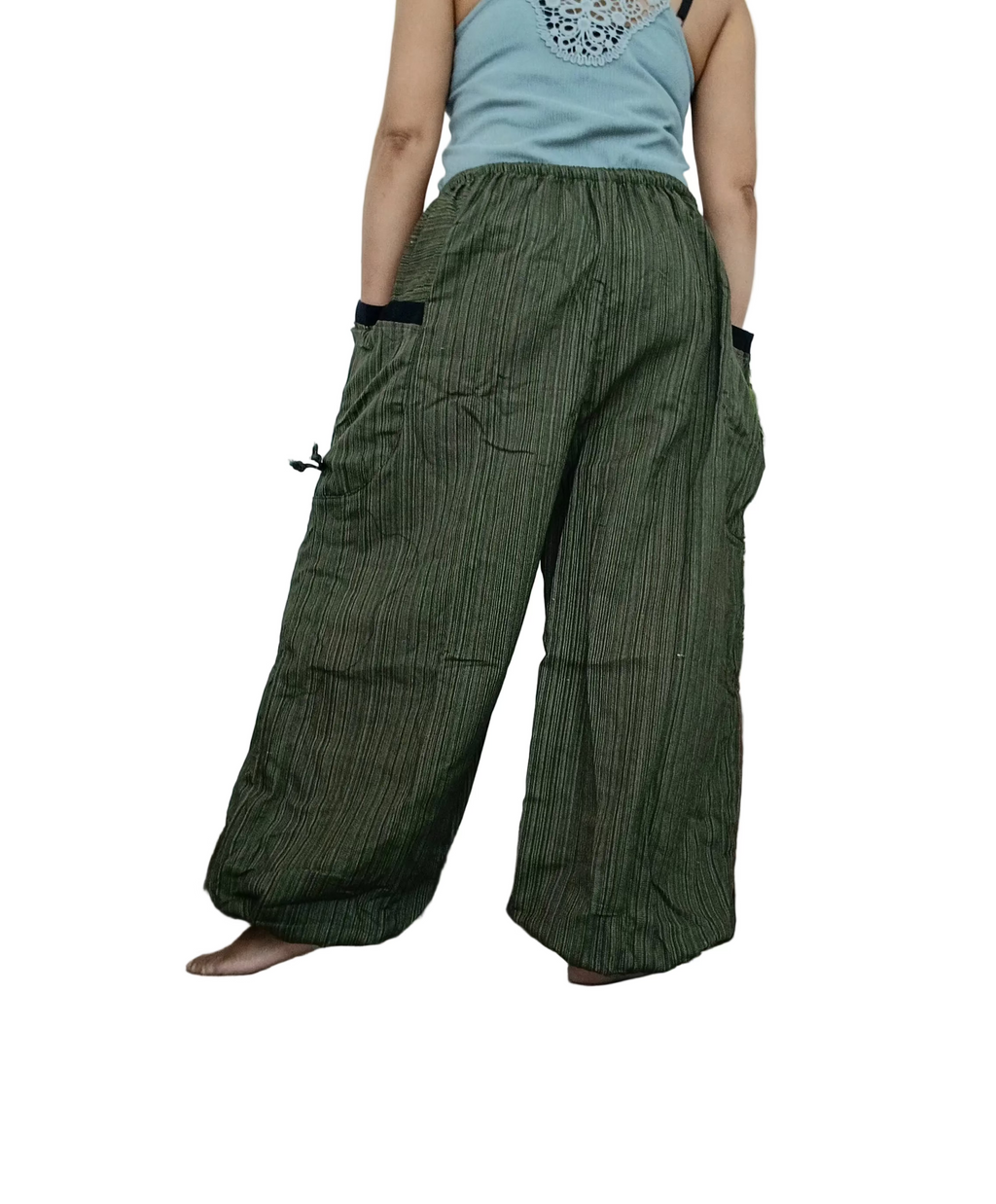 Cotton olive green baggy hippie loose-fit trousers Boho harem pants One size fit 8-10-12