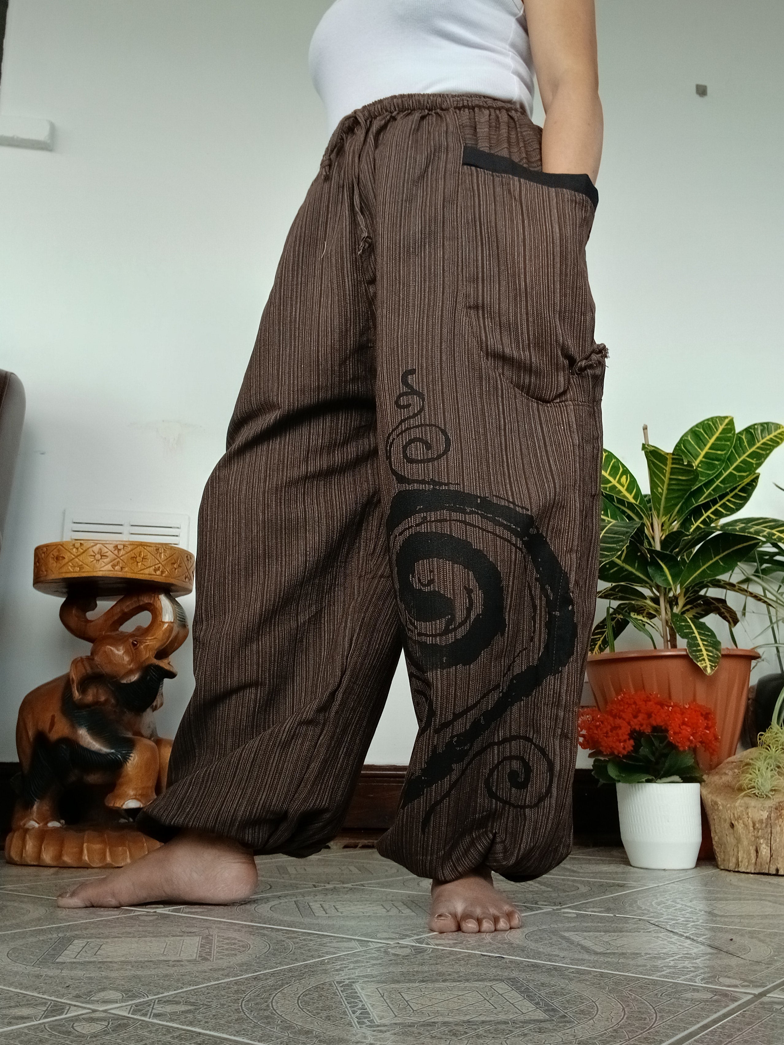 Cotton brown baggy hippie Boho trousers joggers wide leg poofy  harem pants for unisex
