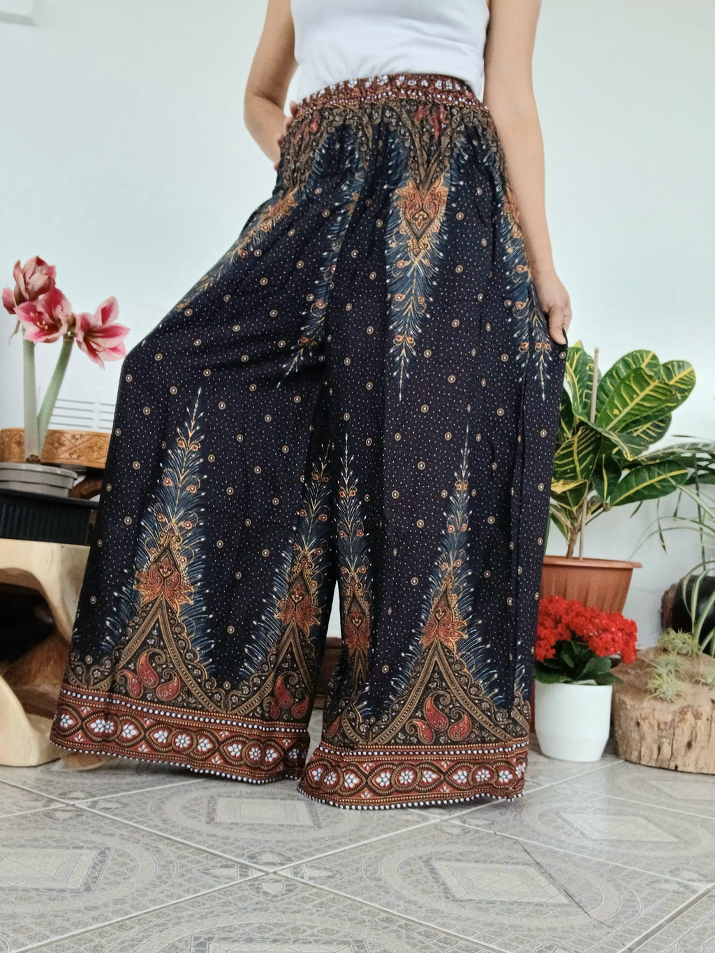 Black peacock feathers printed Baggy wide leg flowy trousers Boho High-Waisted Mandala Pants one-size fit 8-14