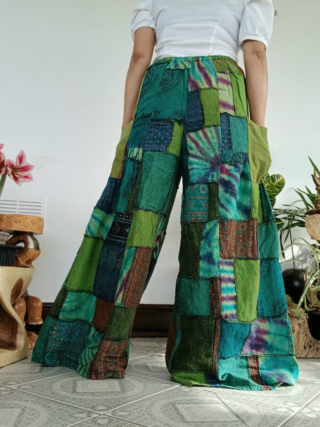 Green Earthy patchwork wide leg Boho Palazzo Harem Pants baggy hippie trousers fit 8-12