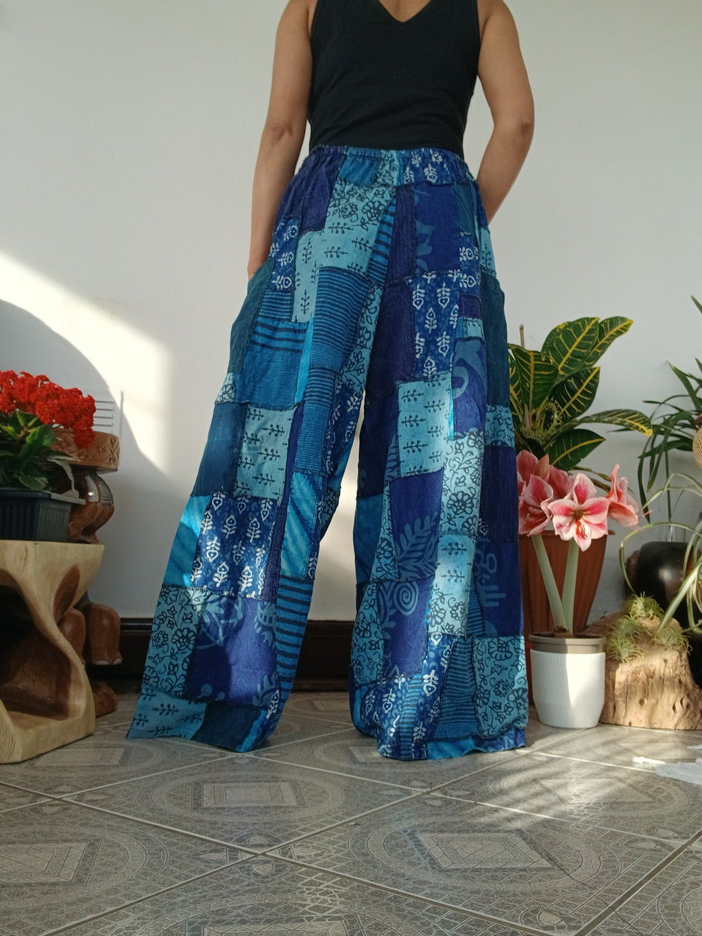Handmade Blue Bohemian Random Floral Patchwork Hippie Harem Pants Trousers