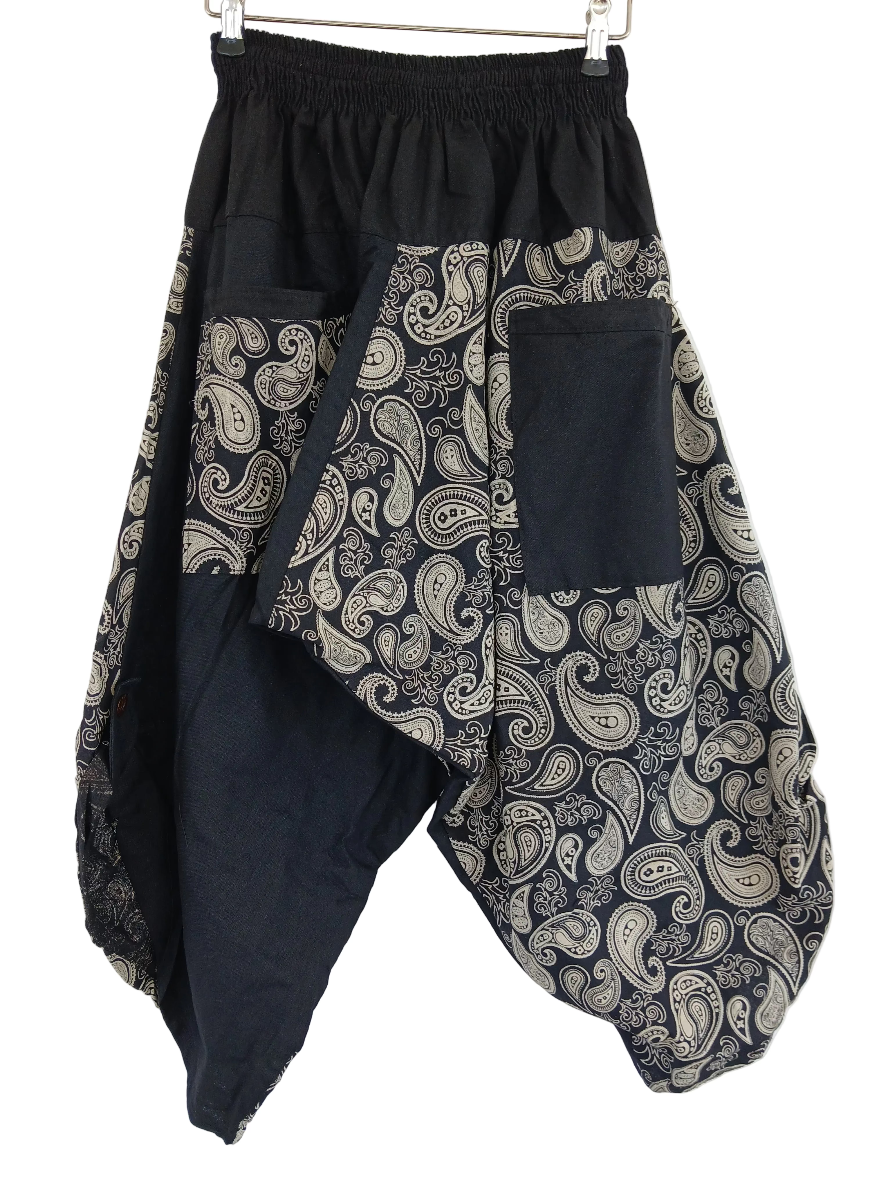 Black cotton paisley-print Ninja Samurai Style harem Pants hippie Boho loose-fit trousers