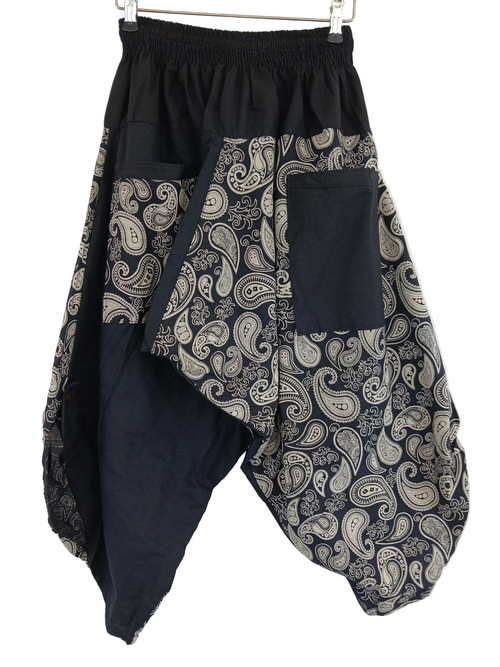 Black cotton paisley-print Ninja Samurai Style harem Pants hippie Boho loose-fit trousers