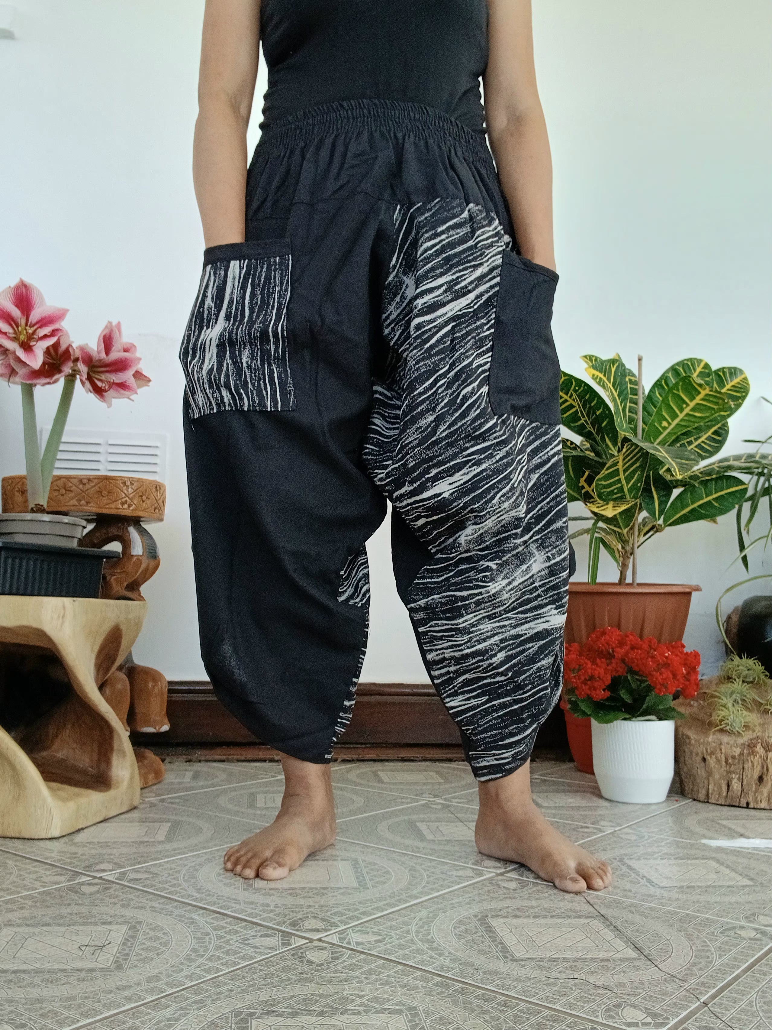 Black abstract print Ninja Samurai Style harem pants hippie Boho trousers one size fit 6-8-10