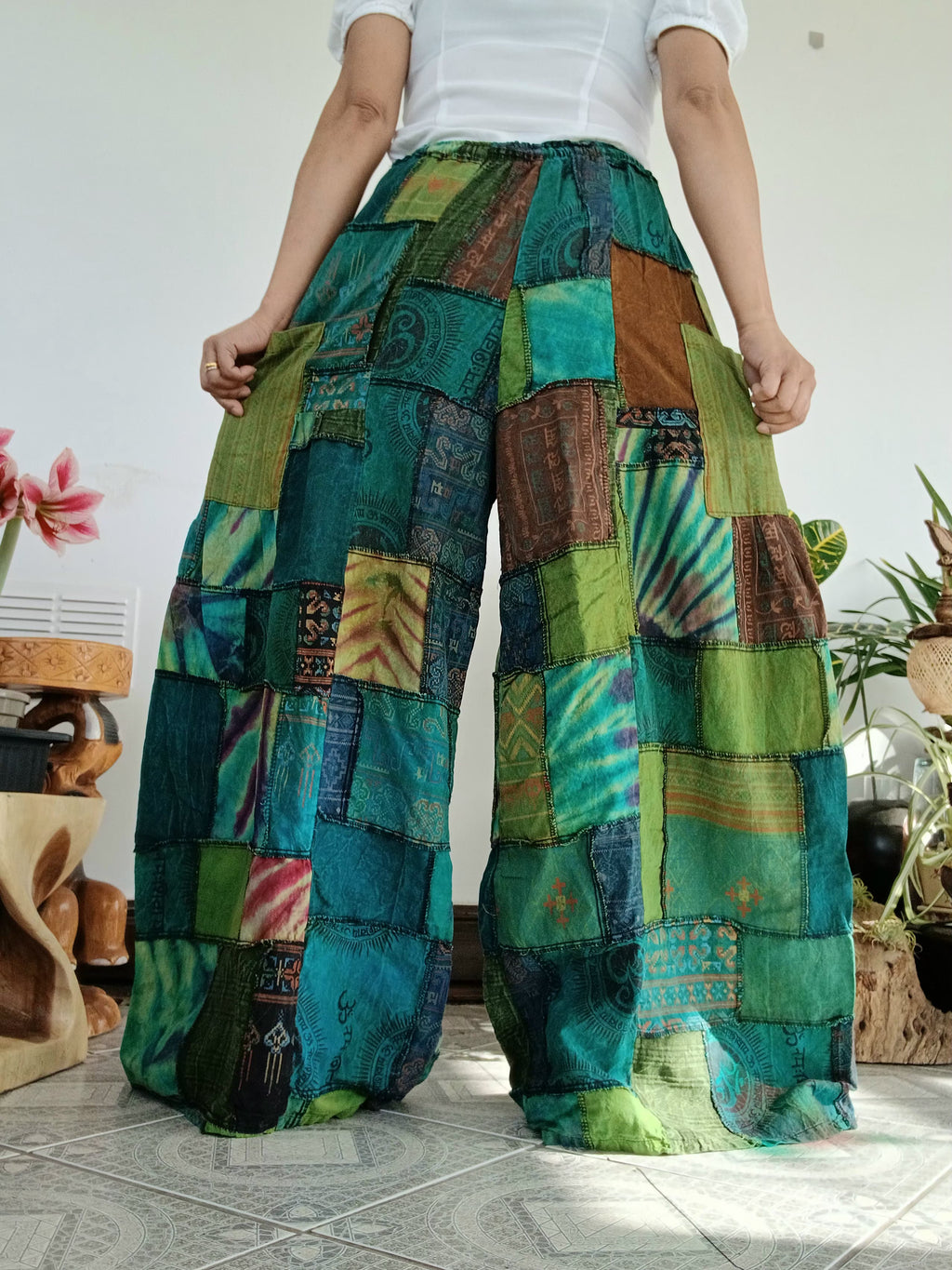 Green Earthy patchwork wide leg Boho Palazzo Harem Pants baggy hippie trousers fit 8-12