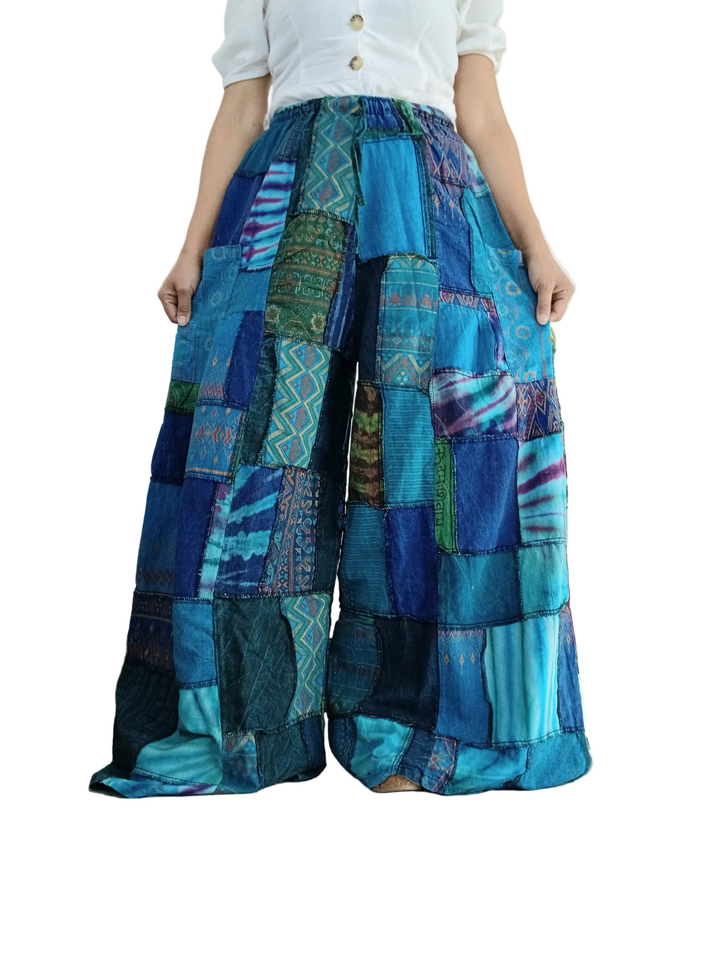Blue Ocean tones patchwork Boho Wide-Leg hippie Harem Pants baggy Unique trousers for 8-12
