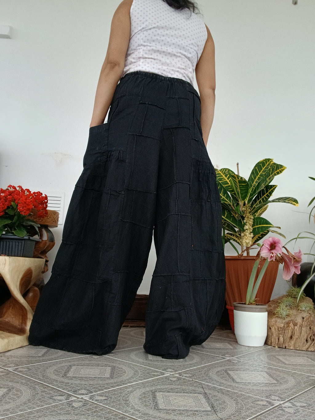 Patchwork Boho Wide-Leg Palazzo Pants – Stonewashed black Cotton one size fit 8-10-12