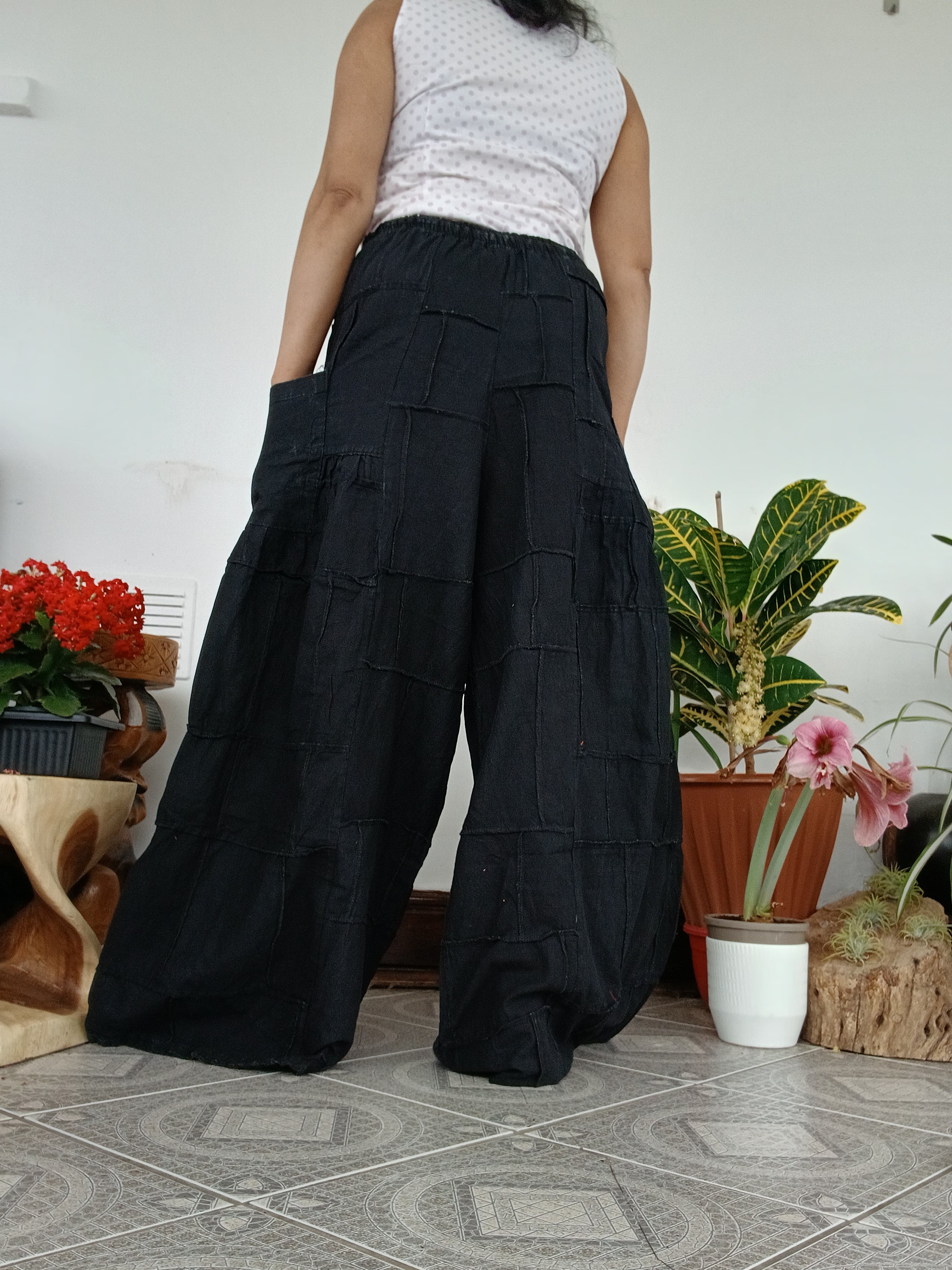 Patchwork Boho Wide-Leg Palazzo Pants – Stonewashed black Cotton one size fit 8-10-12