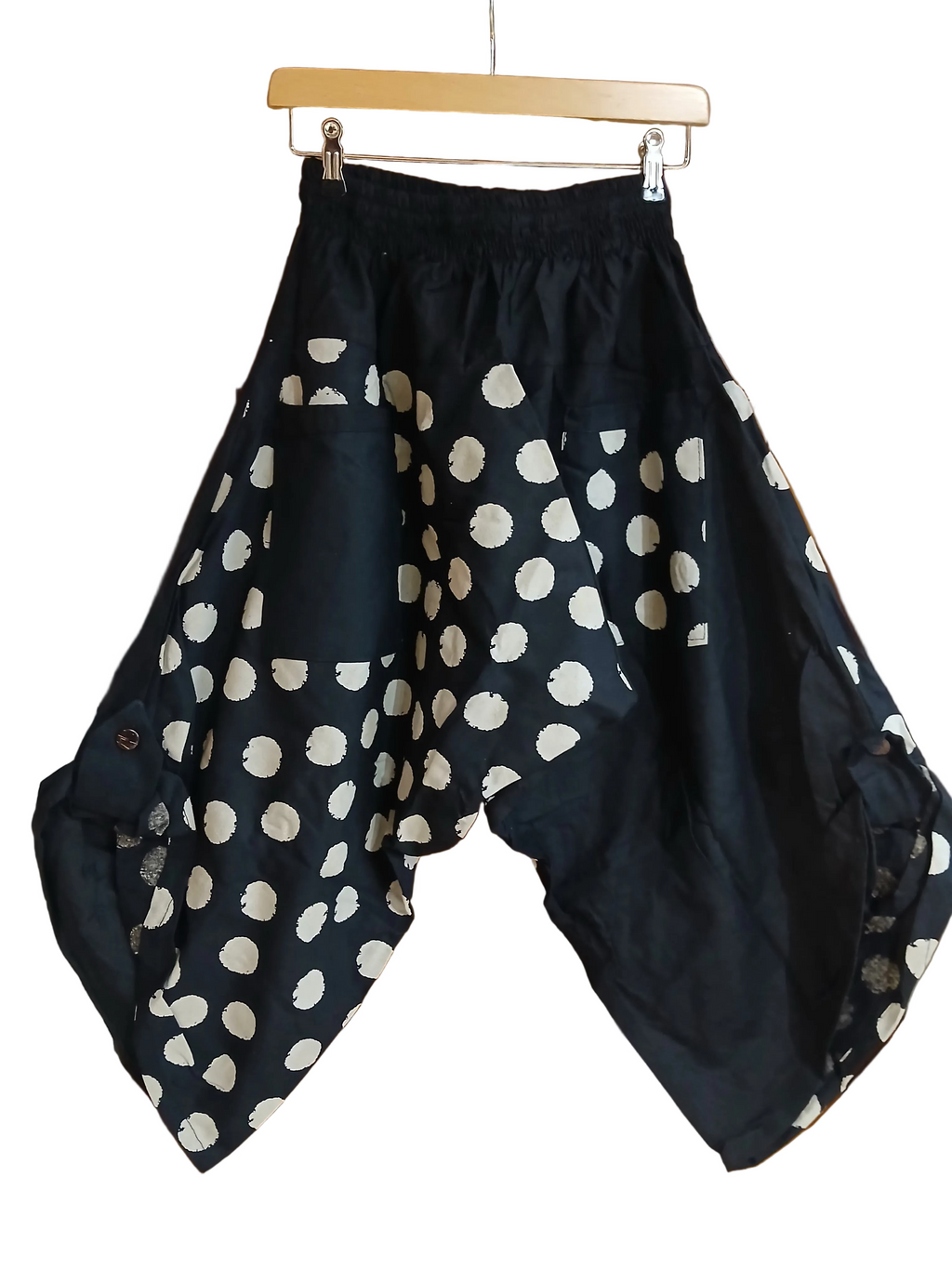 Cotton black with polka dot Ninja Samurai Style harem pants relaxed fit casual trousers one size fit 6-8-10