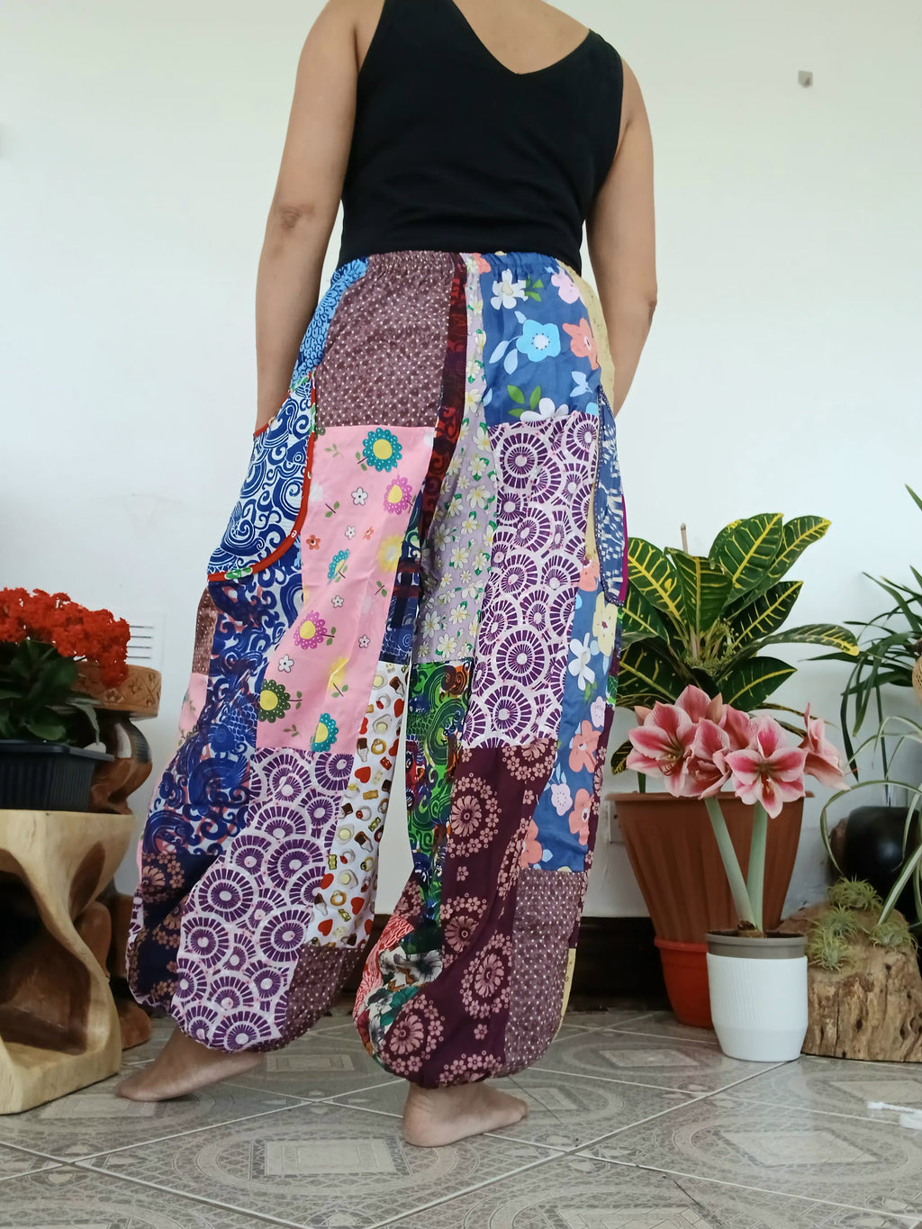 Multicoloured patchwork Boho baggy harem pants hippie baggy relaxed fit trousers one size fit 8-10-12