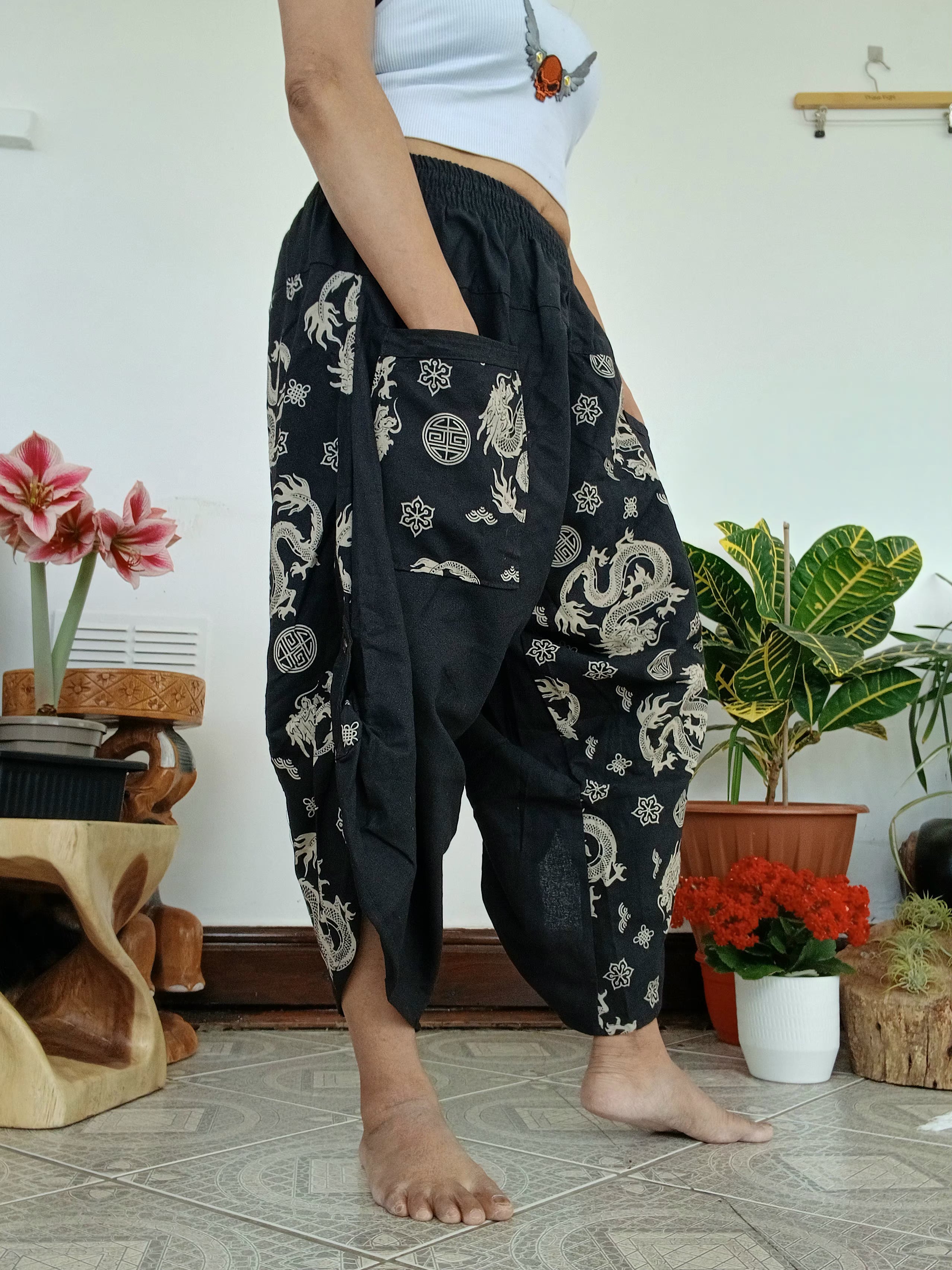 Black dragon print boho wide-leg culottes trousers relaxed fit yoga meditation pants One size fits 6-8-10