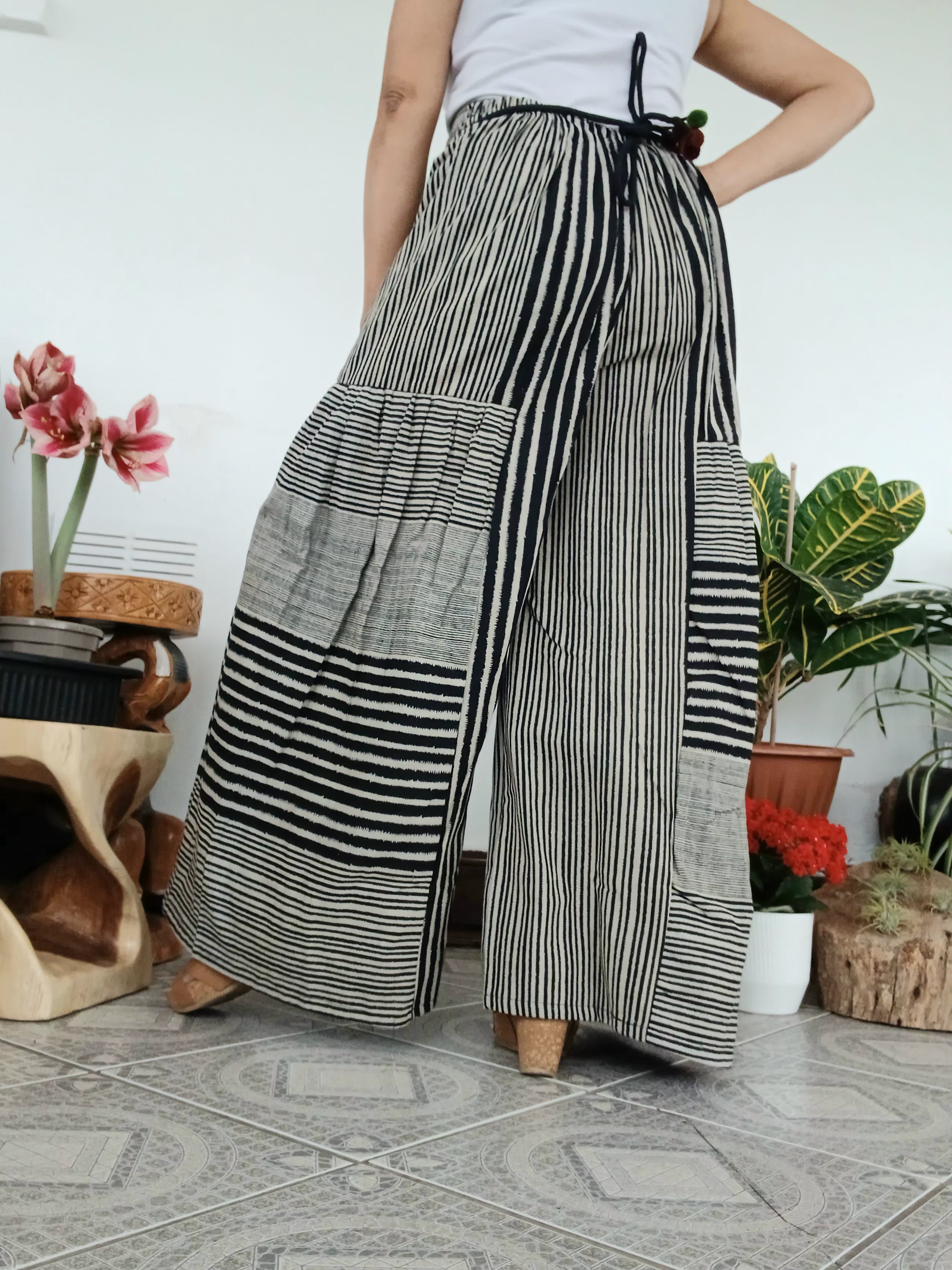 Black and white striped patchwork boho high-waisted trousers wide leg palazzo flowy harem pants One size fits 8-10-12