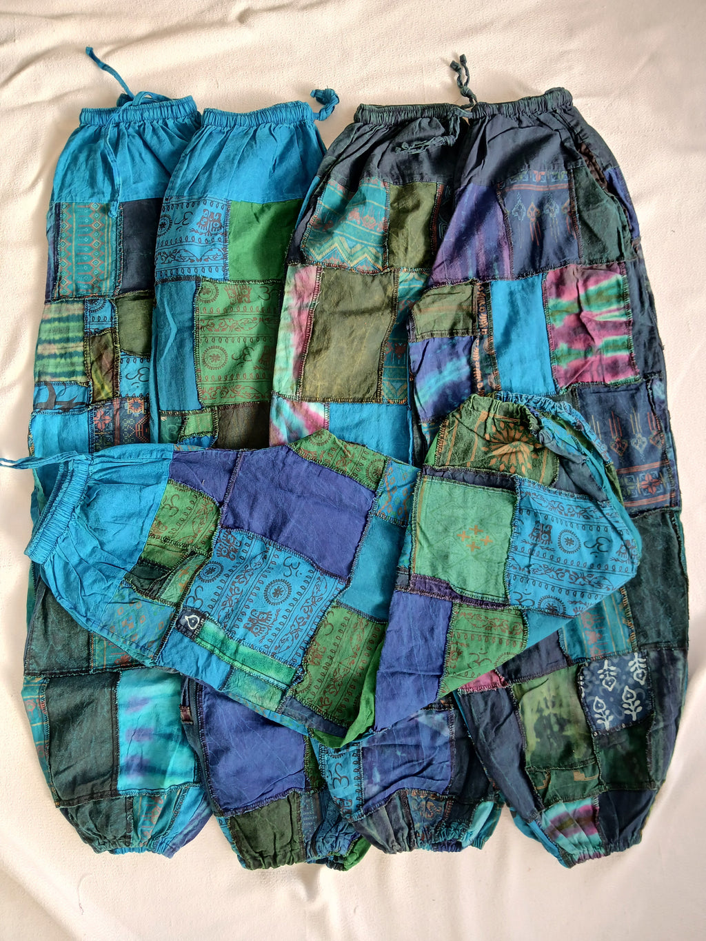 Blue green tones stonewash unique patchwork baggy boho harem pants hippie loose-fit trousers joggers