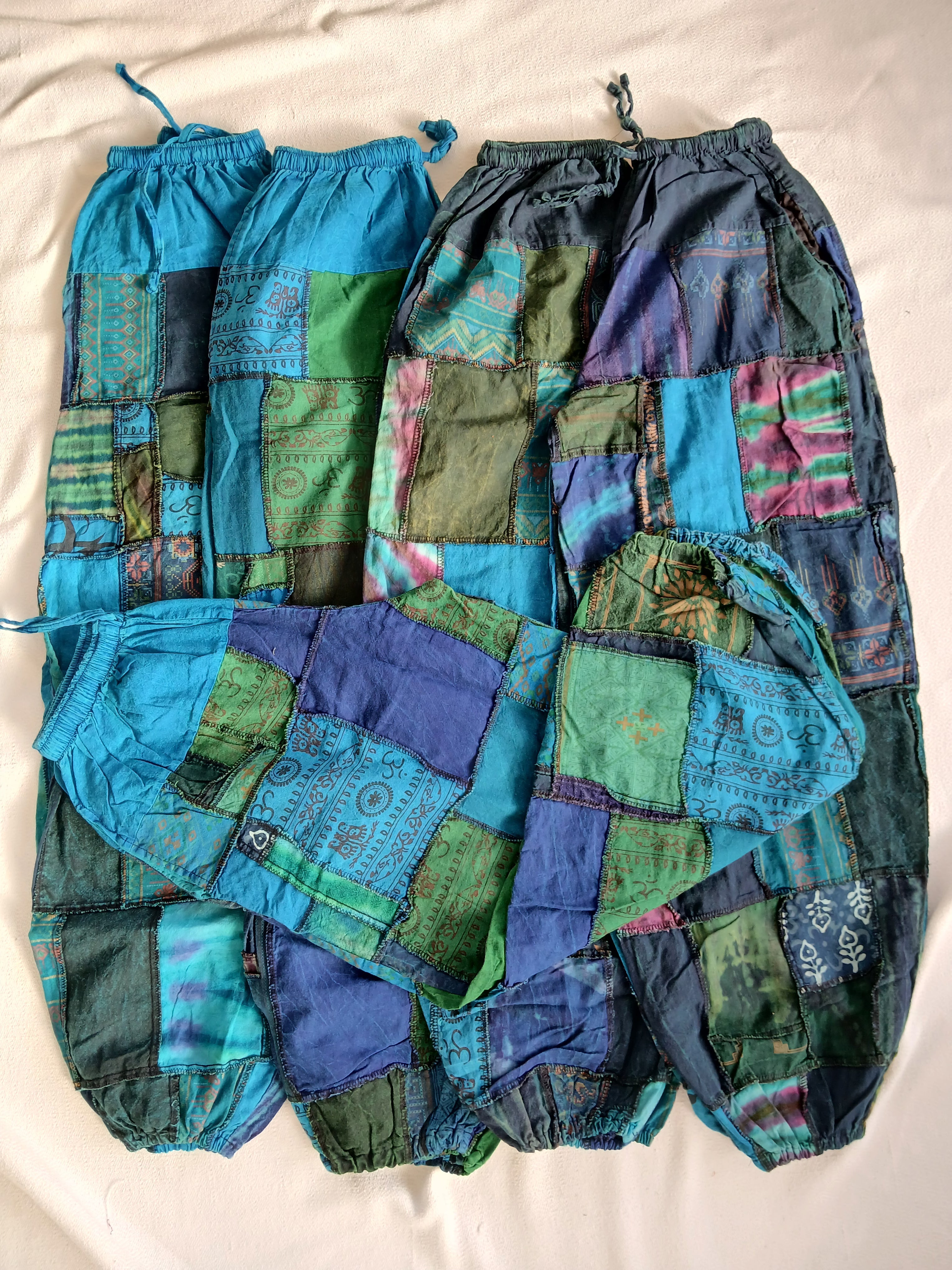 Blue green tones stonewash unique patchwork baggy boho harem pants hippie loose-fit trousers joggers