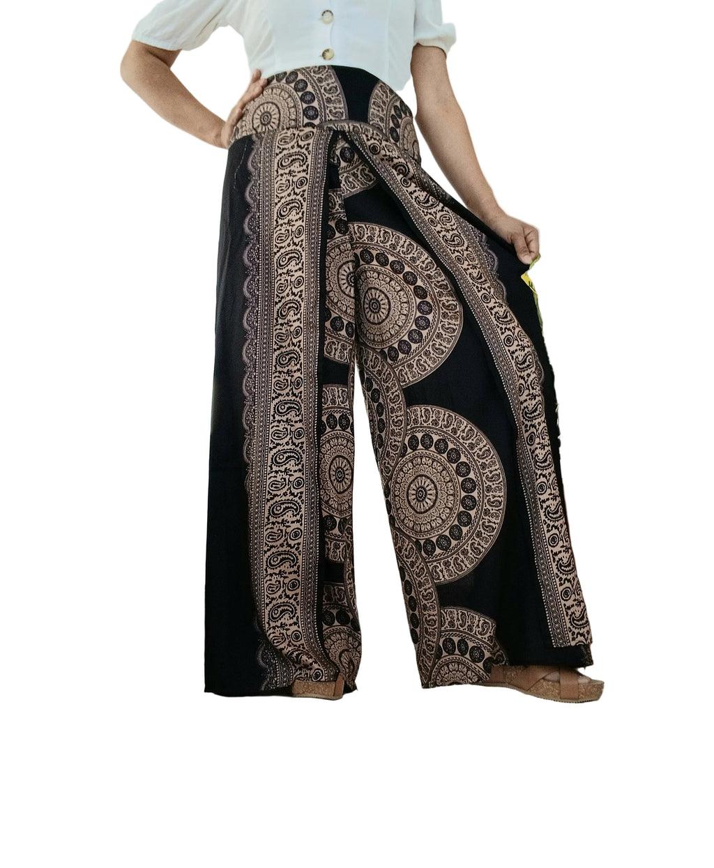 Black,beige Boho high-waisted wrap-around style summer holiday trousers elegant wide leg flowy harem pants One size fits 8-10-12