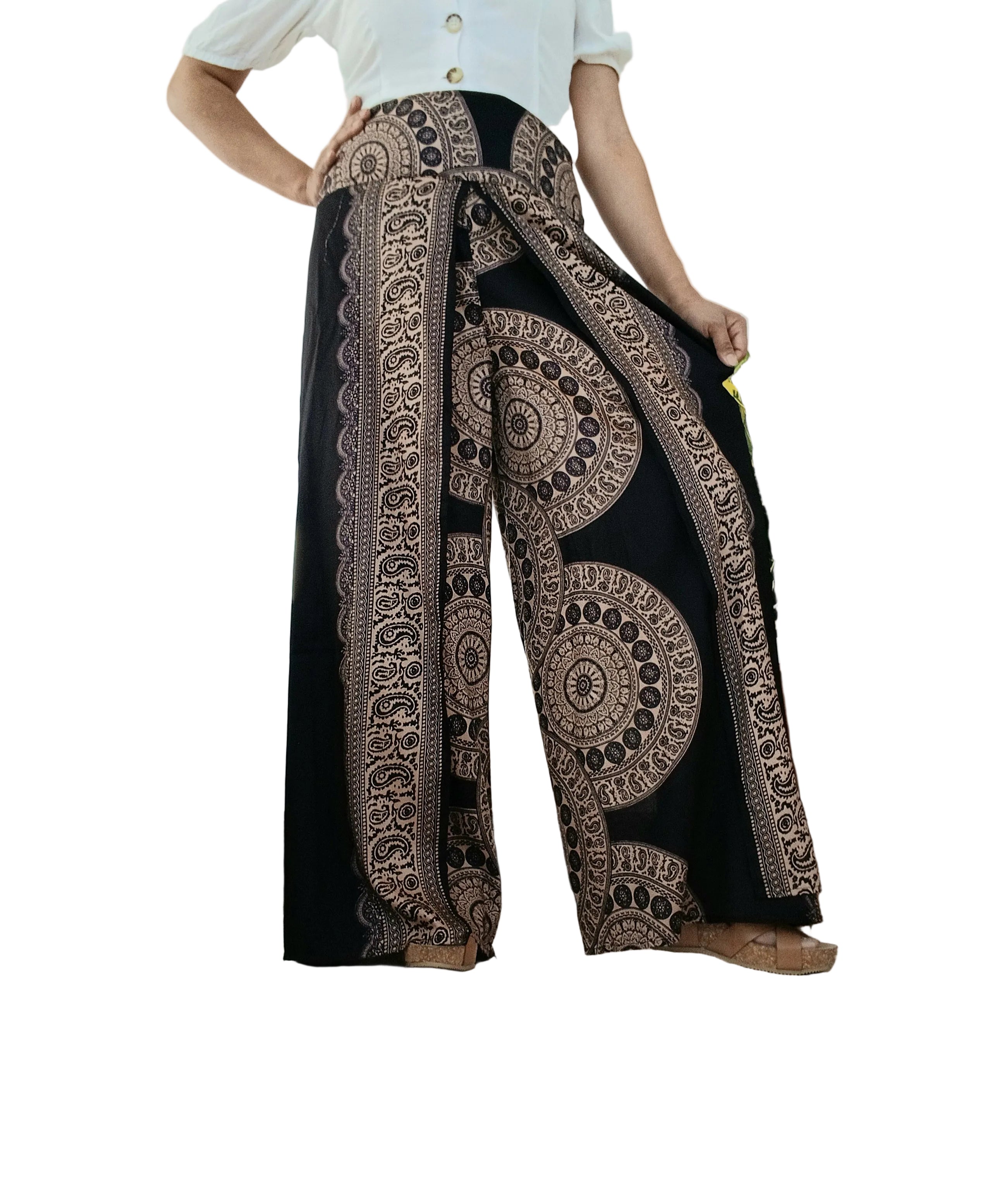 Black,beige Boho high-waisted wrap-around style summer holiday trousers elegant wide leg flowy harem pants One size fits 8-10-12