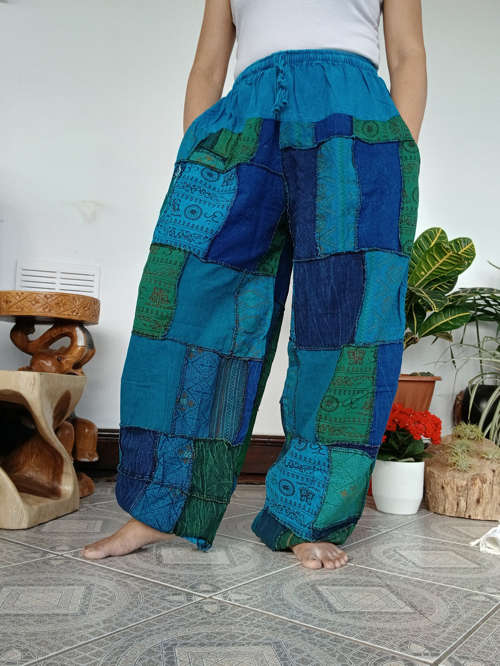 Blue green tones stonewash unique patchwork baggy boho harem pants hippie loose-fit trousers joggers