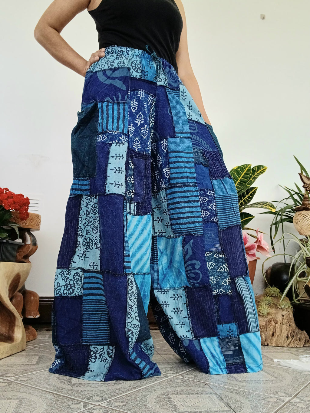 Blue patchwork wide leg Boho Palazzo Harem Pants baggy hippie trousers fit S M L