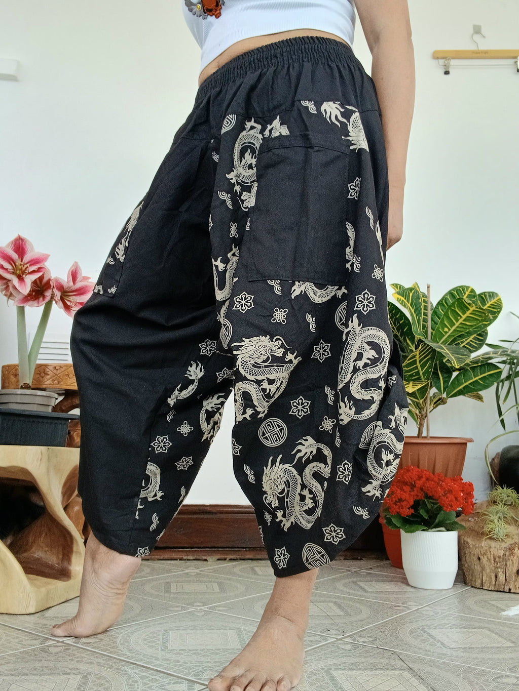 Black dragon print boho wide-leg culottes trousers relaxed fit yoga meditation pants One size fits 6-8-10