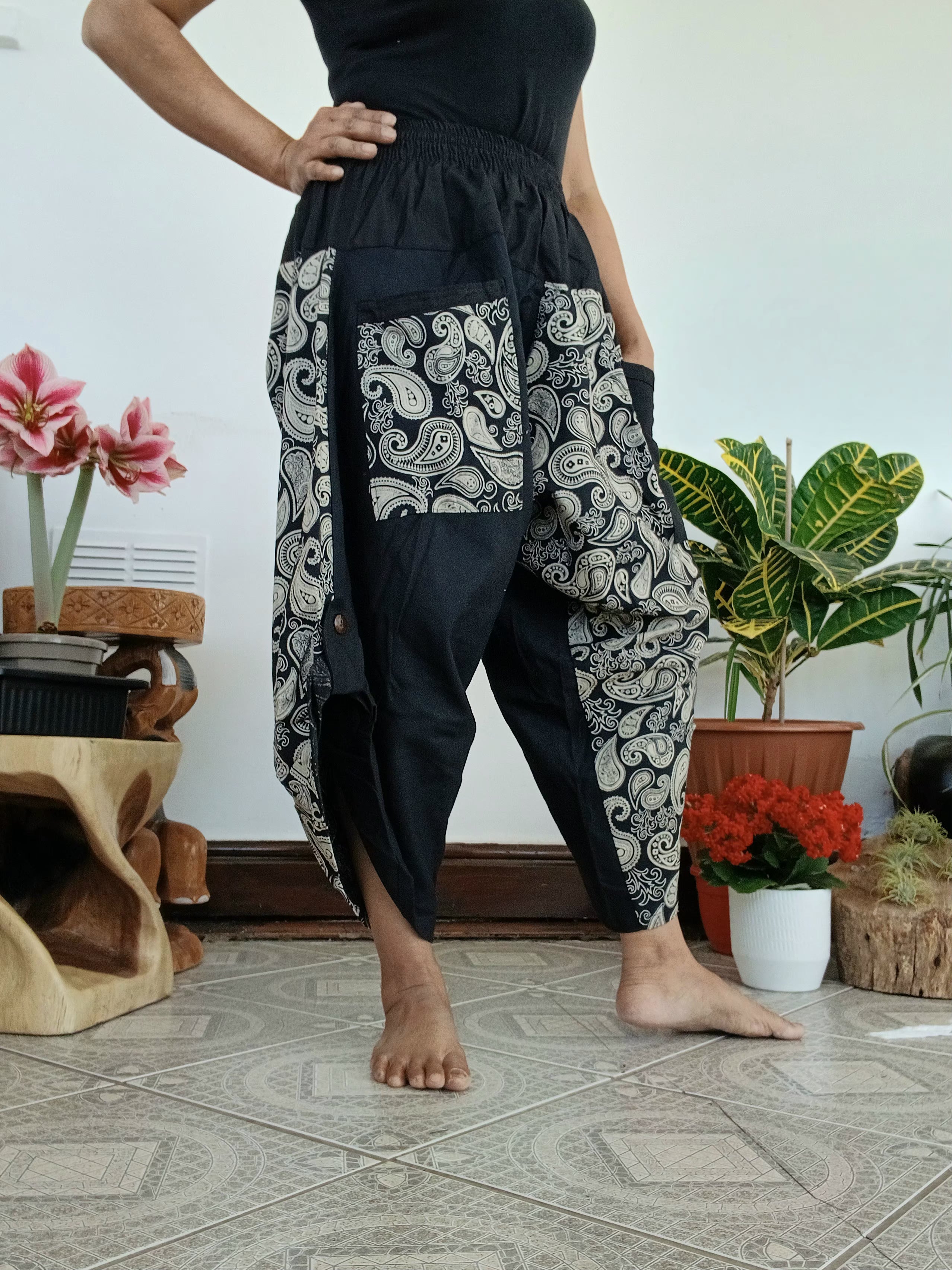 Black cotton paisley-print Ninja Samurai Style harem Pants hippie Boho loose-fit trousers