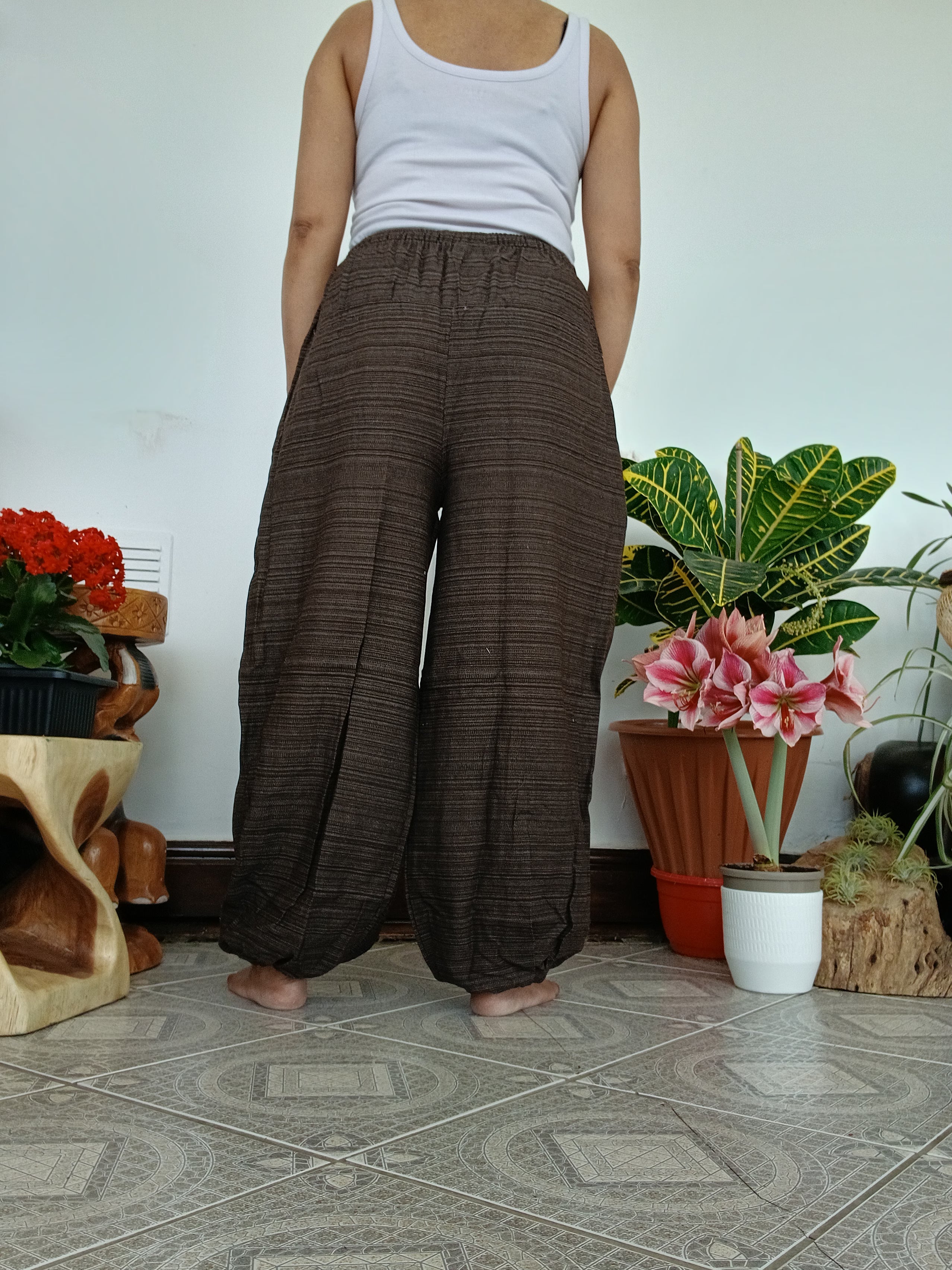 Unisex Brown cotton woven hippie Boho harem pants baggy relaxed fit trousers one size for S M L