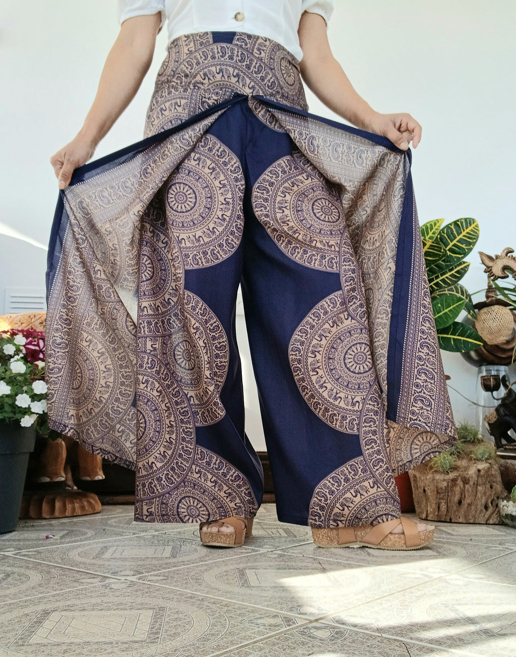 Navy beige Boho flowy elegant harem wrap-around style summer festival trousers one size fit 8-10-12