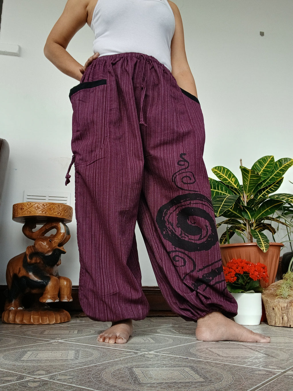 Purple cotton baggy hippie Boho poofy trousers joggers loose-fit harem pants